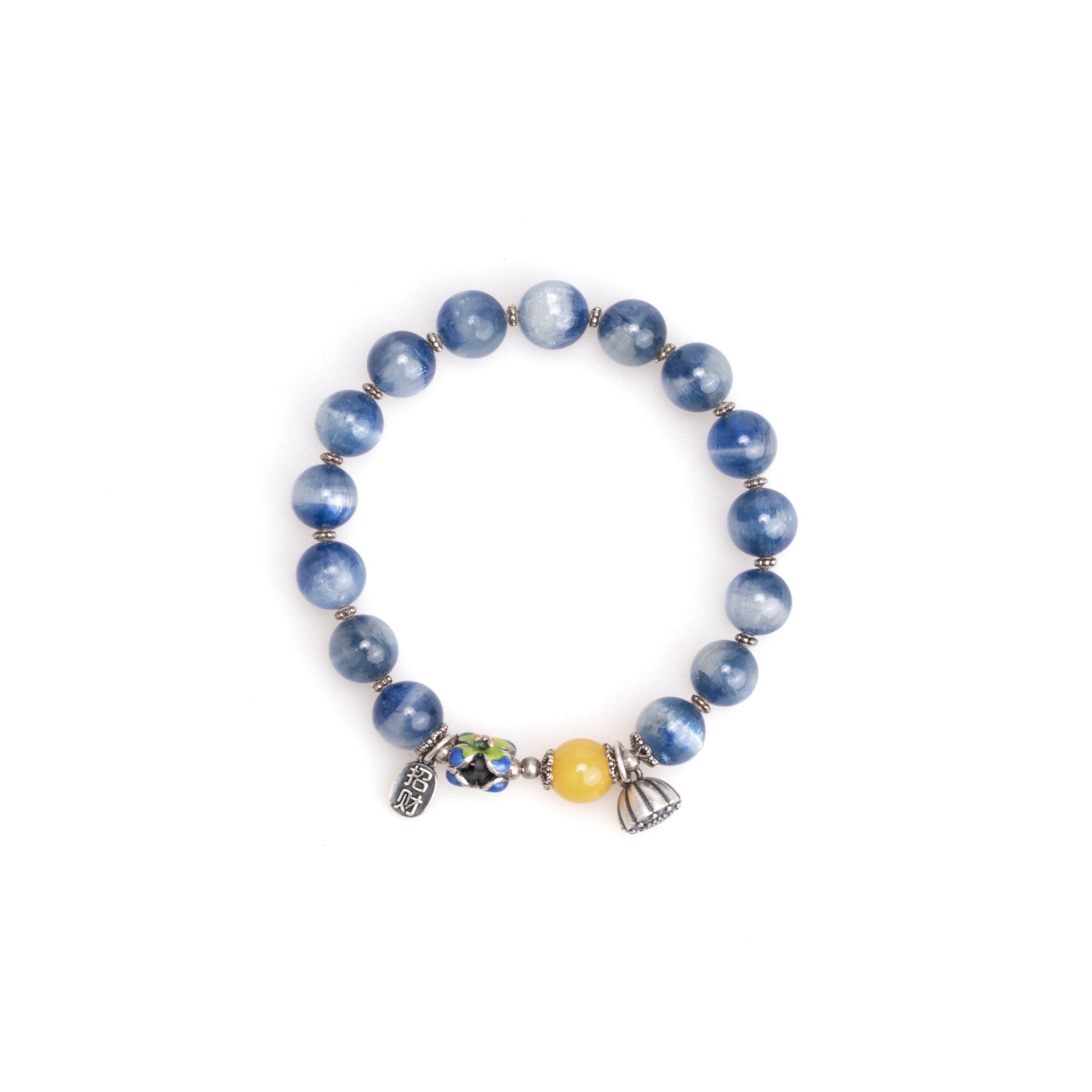 Round blue bead bracelet with central charms, including yellow bead and silver dangles