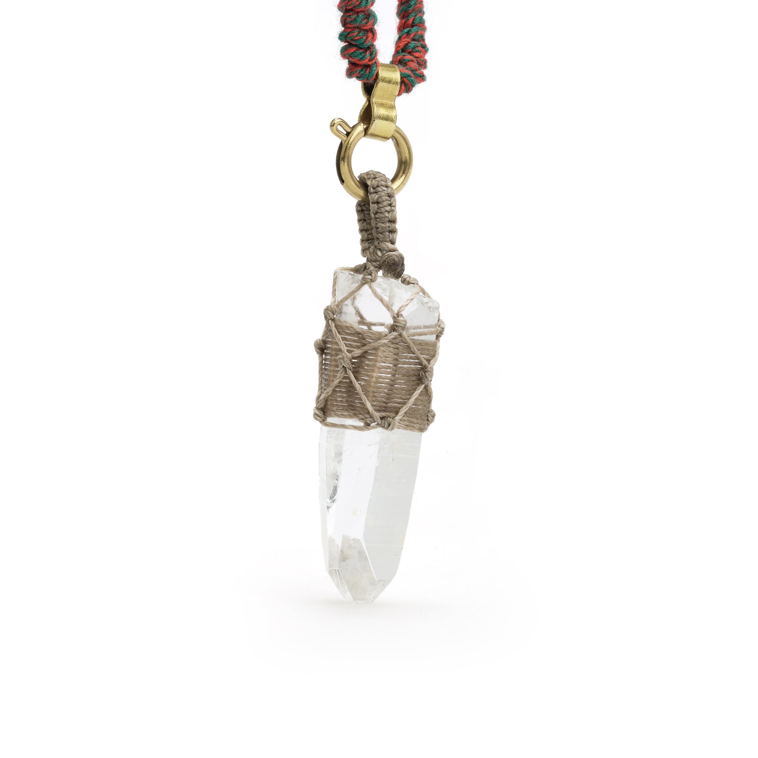 Faceted white quartz point in textured wire wrap pendant with gold tone loop top