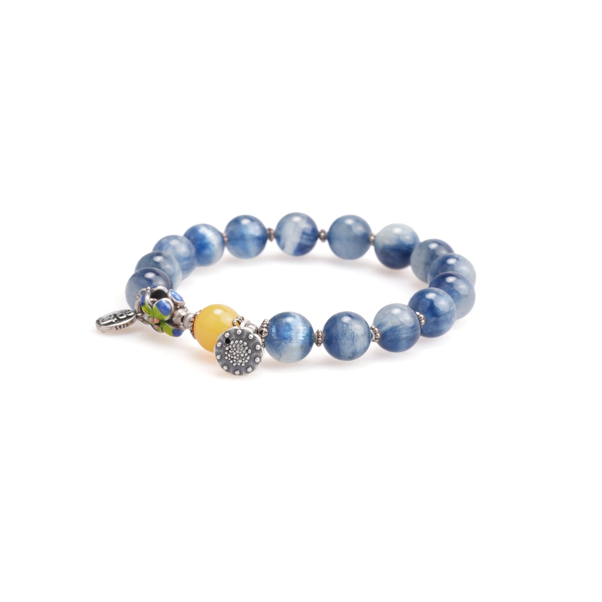 Stretch bracelet with round blue beads, yellow accent, and silver charm