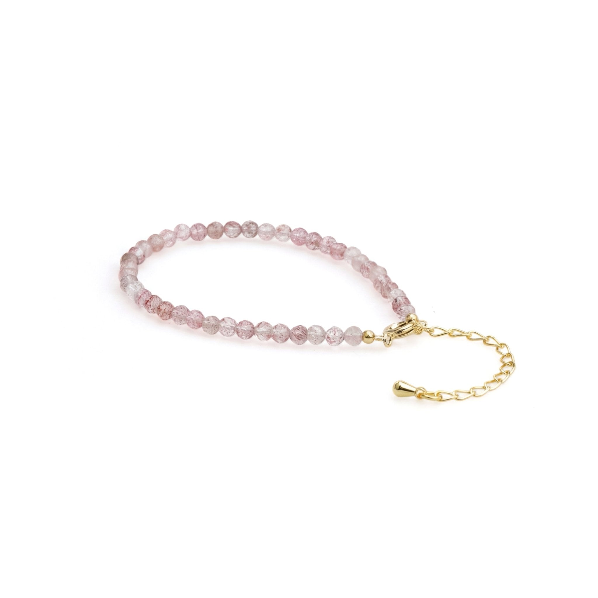Pink quartz bead bracelet with gold chain extension and clasp