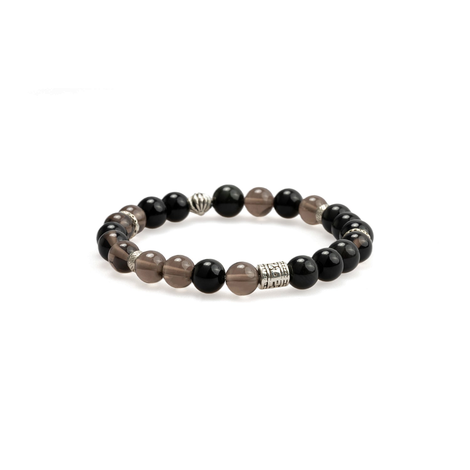 Beaded crystal bracelet with alternating black and smoky brown beads and silver-tone barrel accents.
