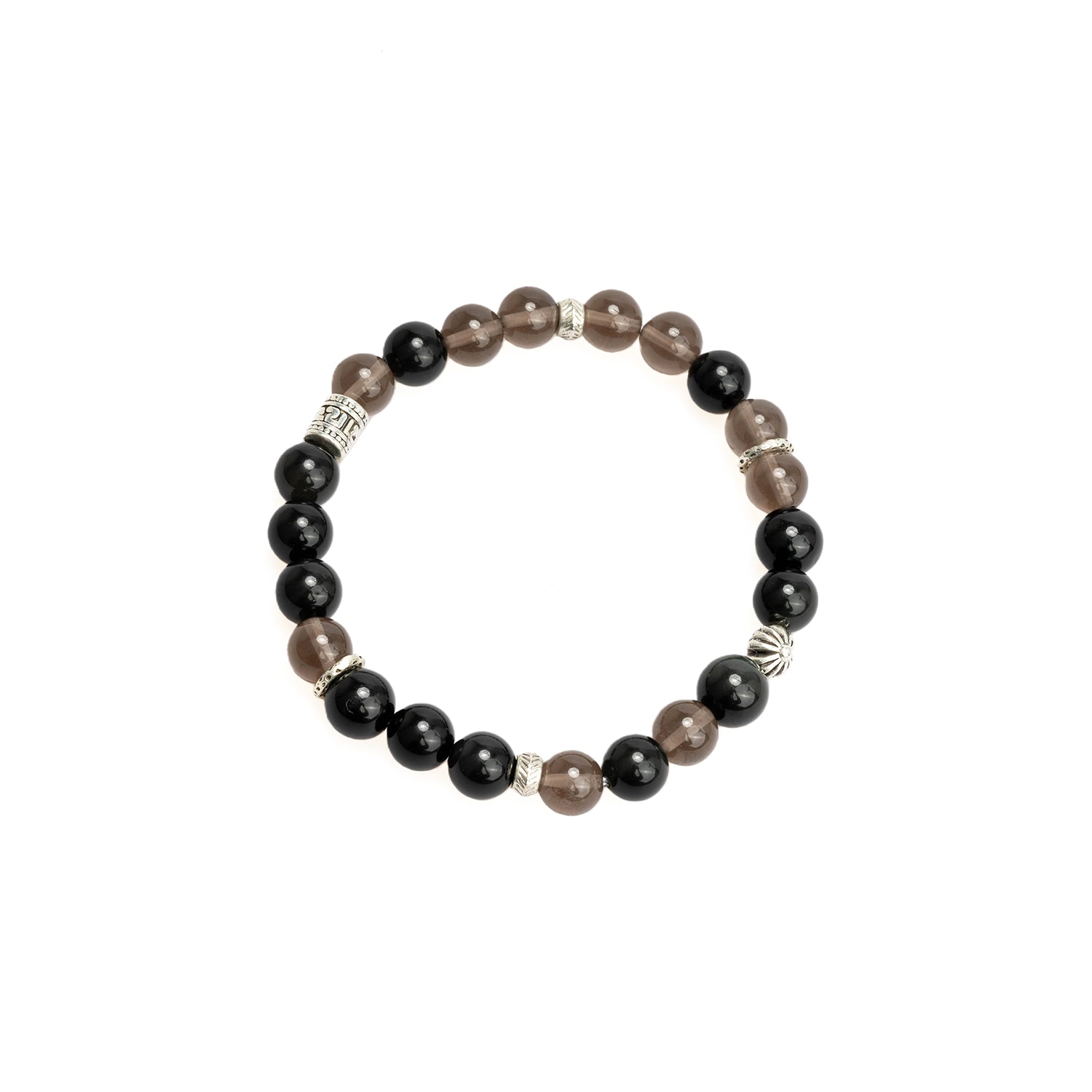 Round beaded bracelet with black beads, smoky brown beads, and silver-tone barrel spacers.