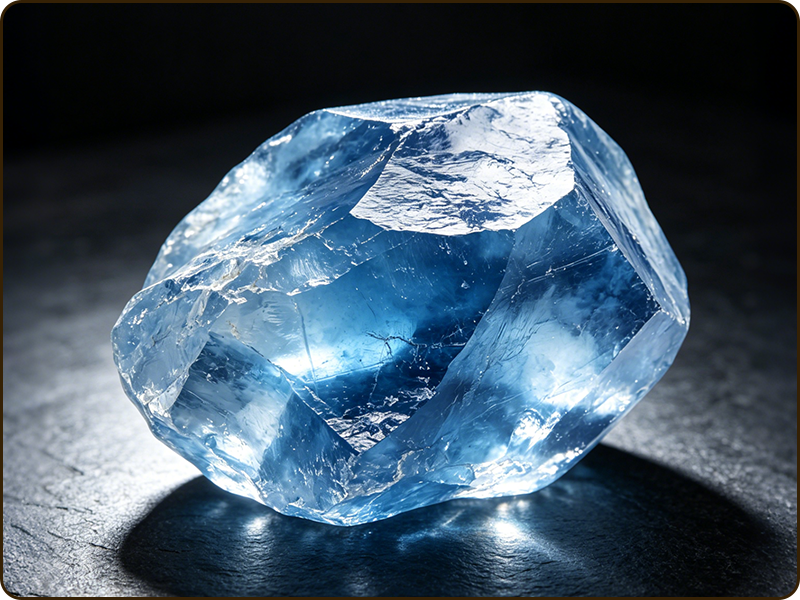 A glowing raw blue crystal gemstone illuminated on a dark textured background.