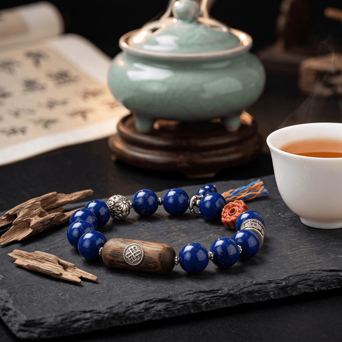 Lapis lazuli Tibetan beaded bracelet with wooden barrel bead, silver details, and blue round beads