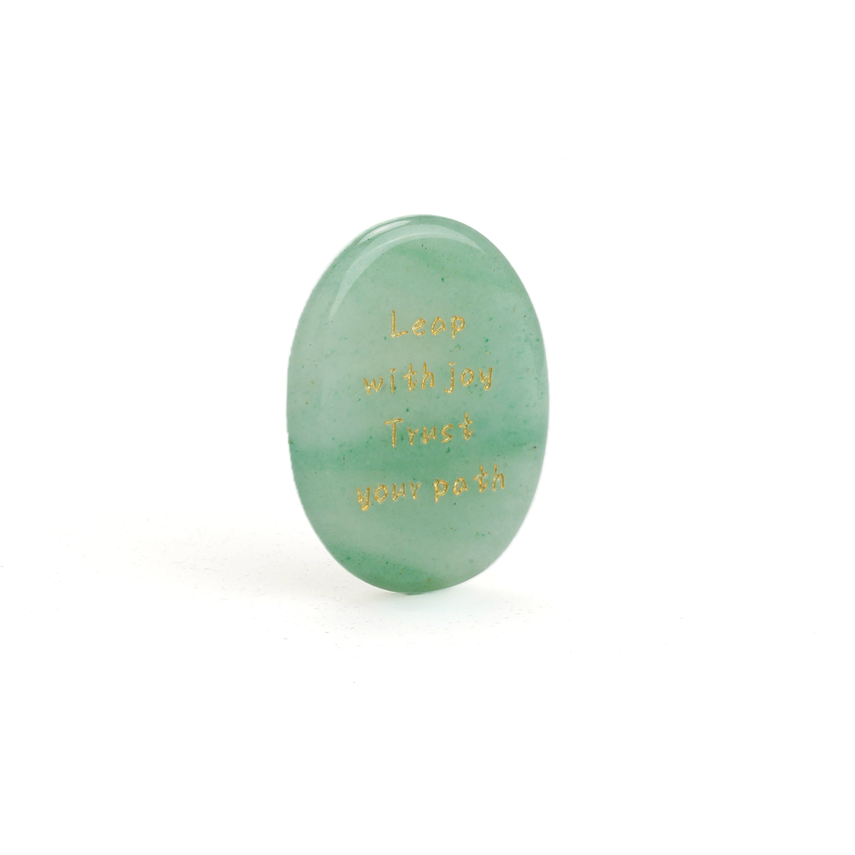 Oval green aventurine stone with engraved gold text