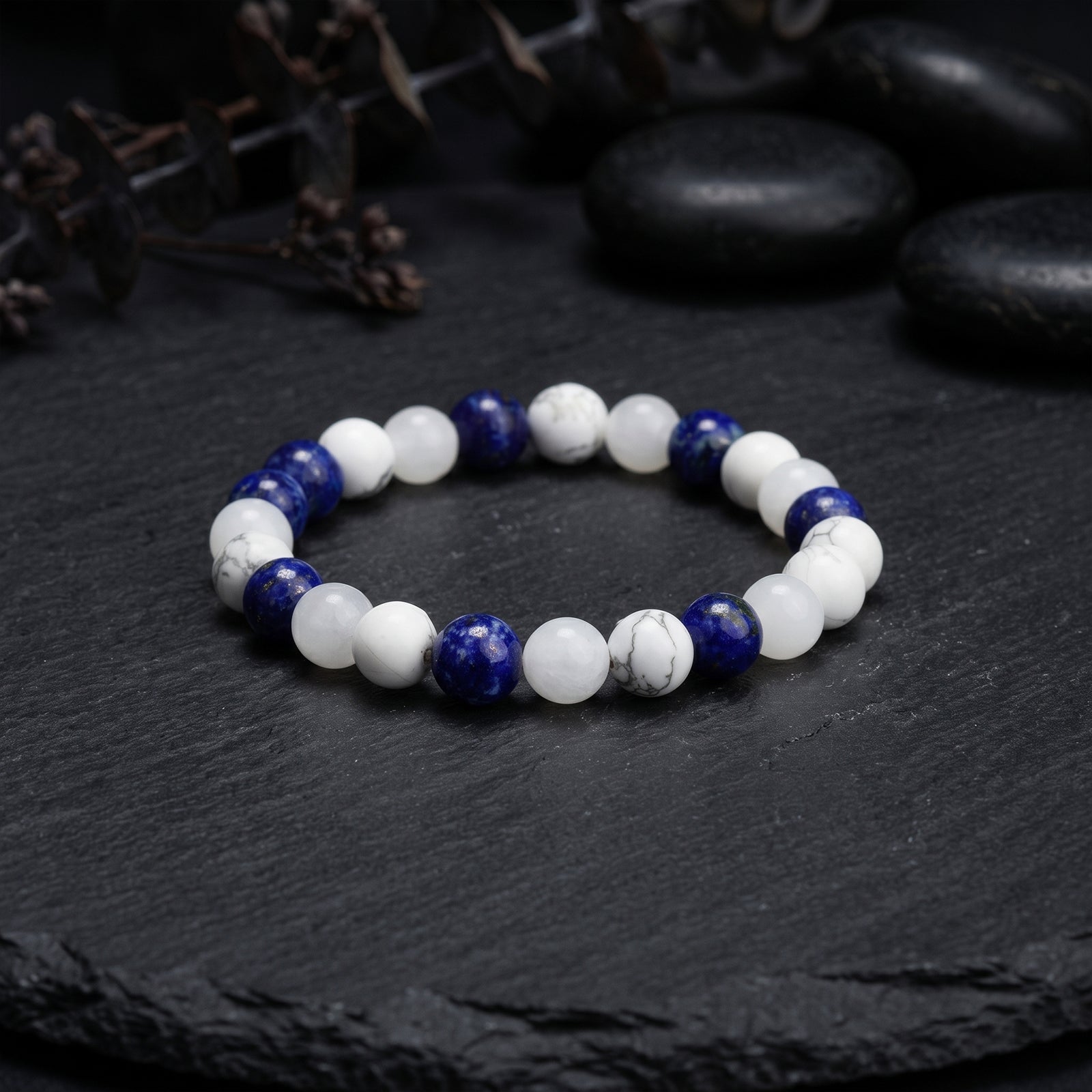 White and blue crystal bead bracelet with round smooth stones, elastic fit
