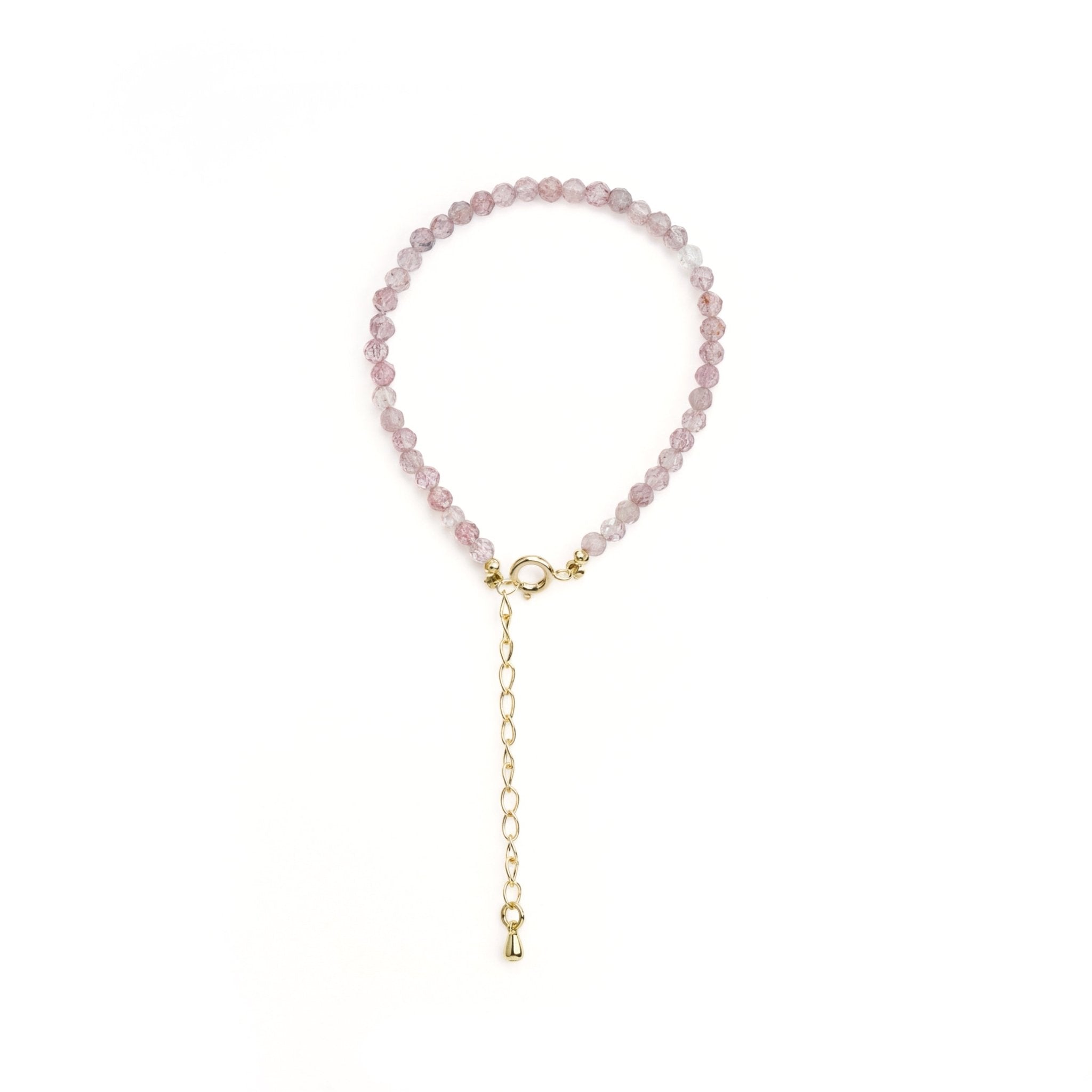 Pink quartz bead bracelet with gold clasp and dangling charm chain