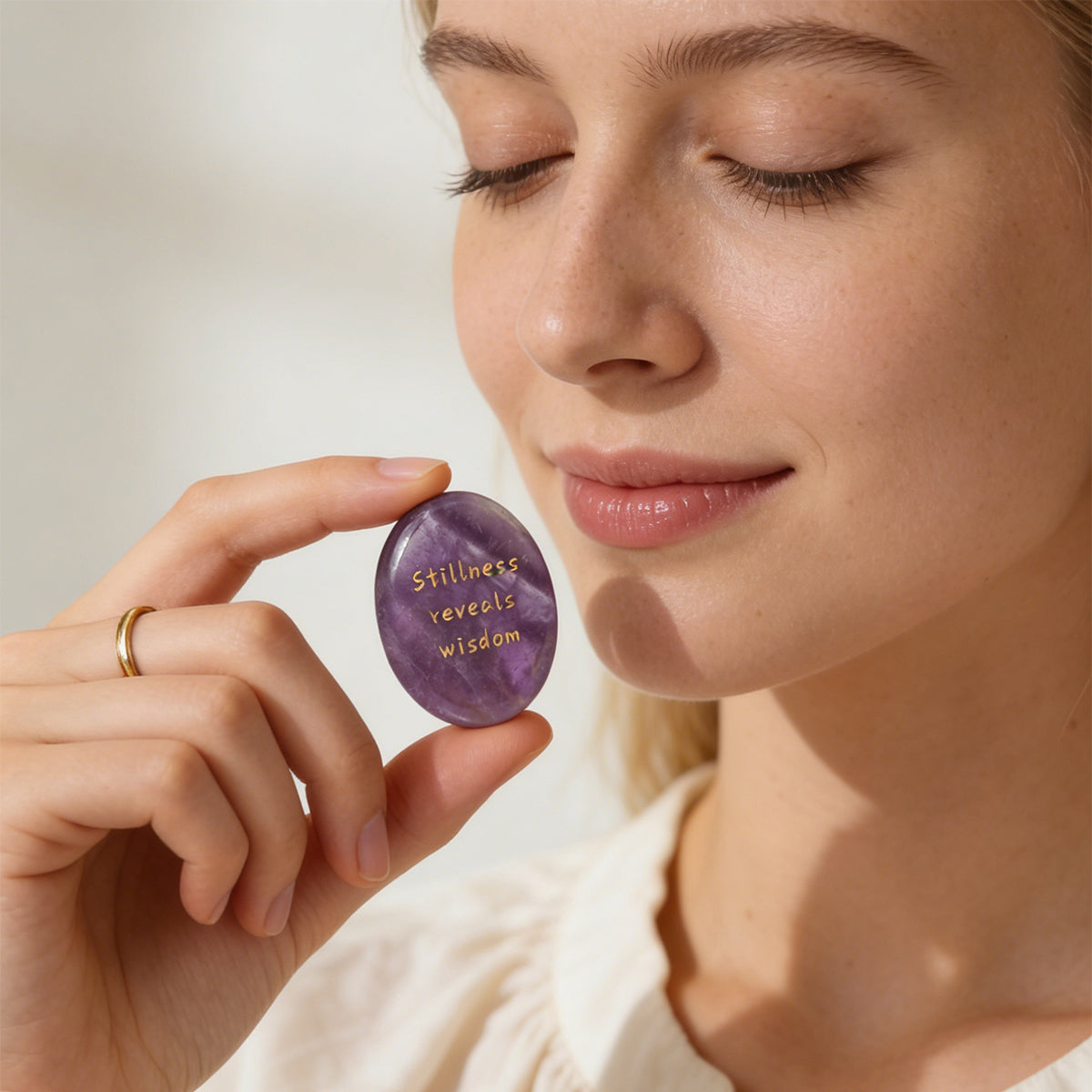 Amethyst insight stone between fingers, oval purple with engraved âstillness reveals wisdomâ