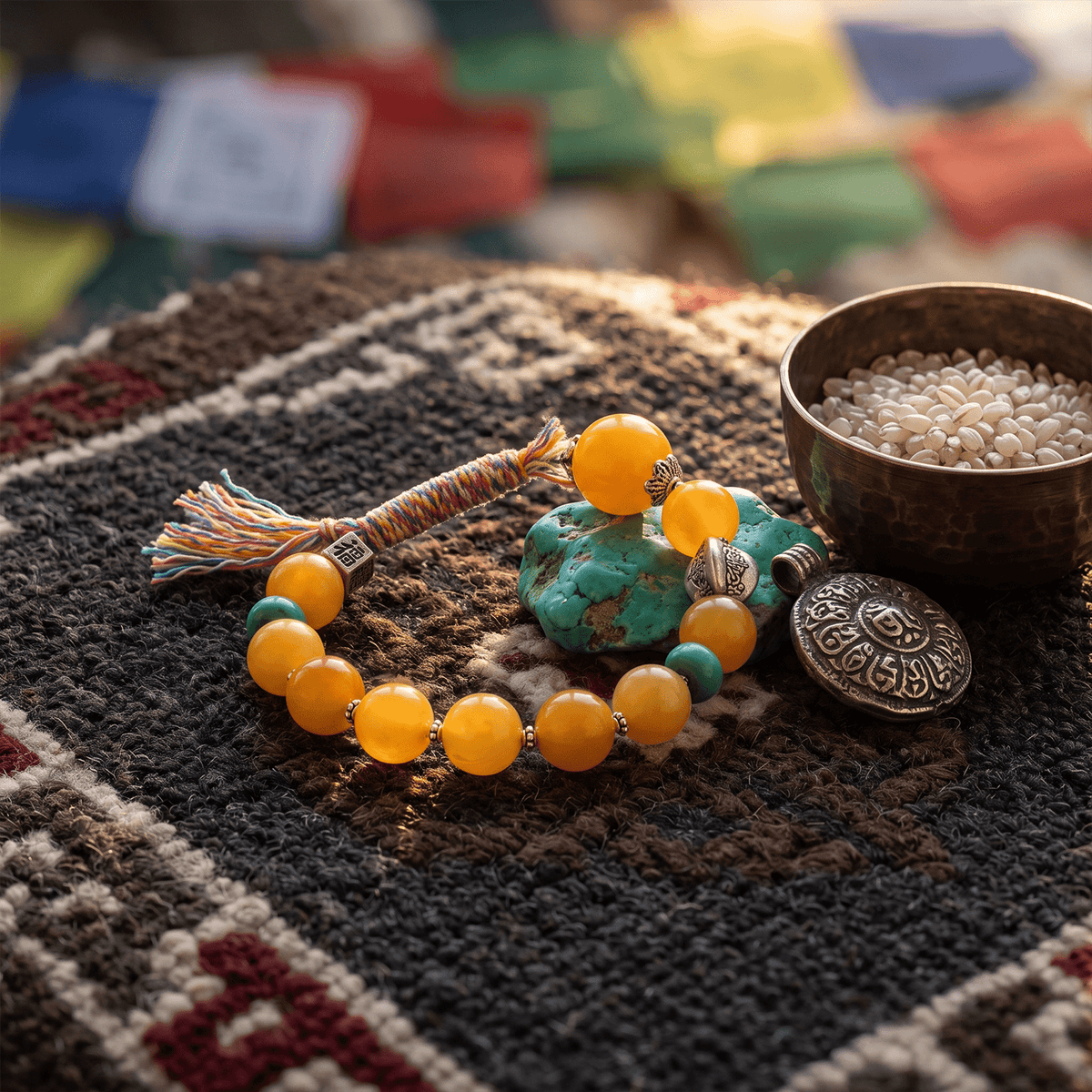 Amber and turquoise bead bracelet with silver charms and orange tassel on textured fabric