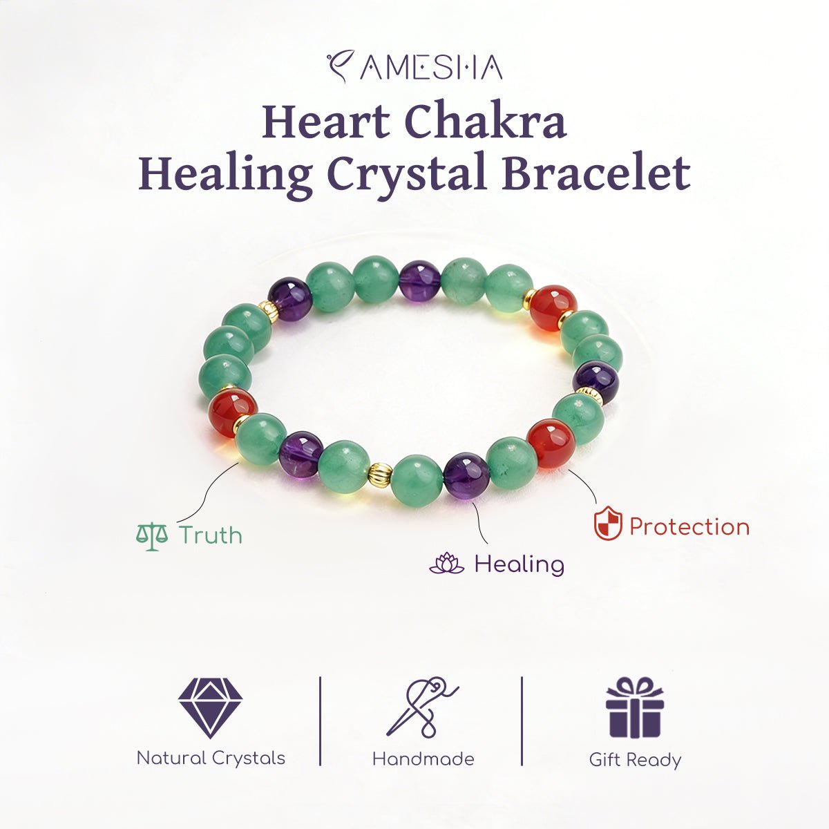 Crystal bead bracelet with green, purple, and red stones and gold-tone bead spacers