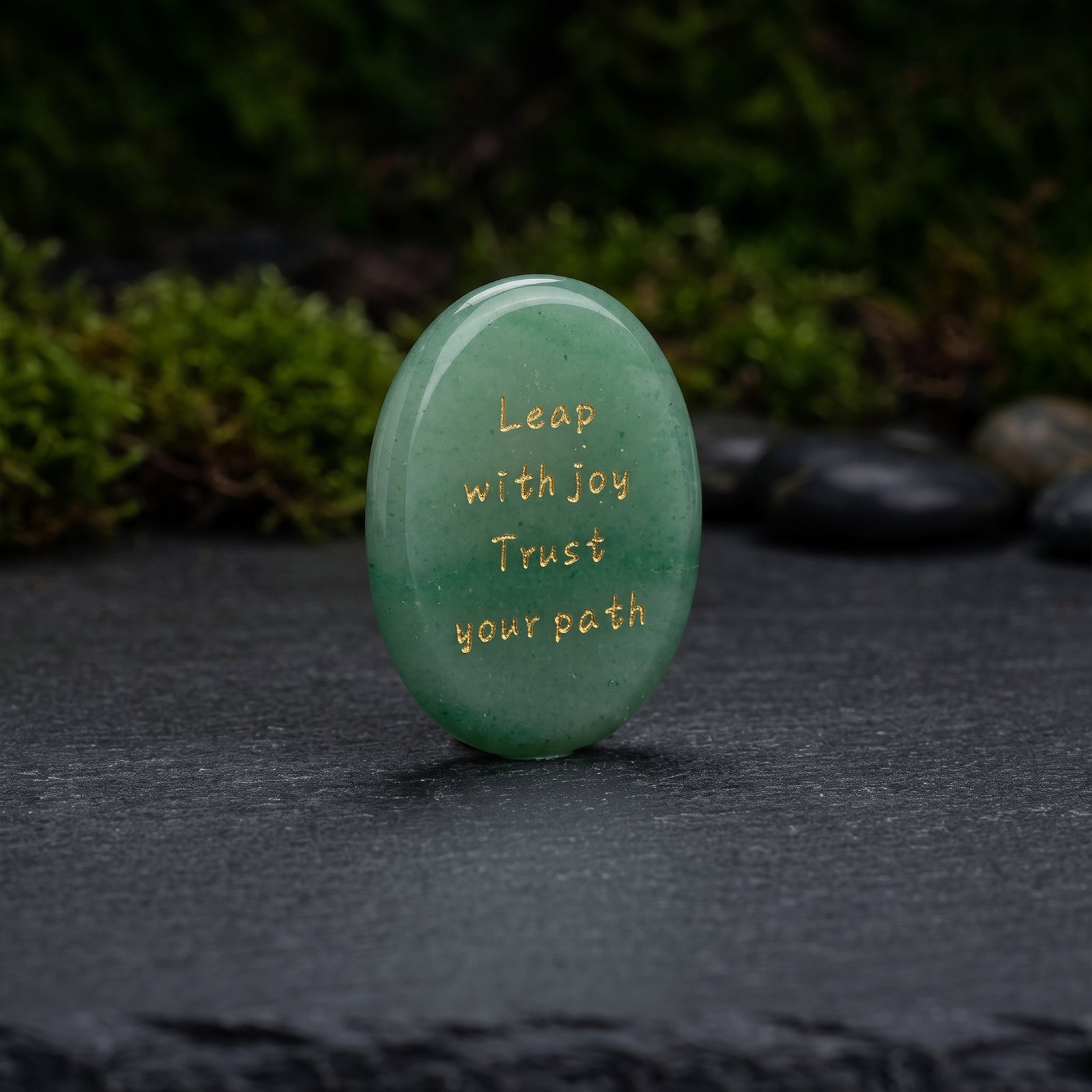 GROWTH-Aventurine oval green stone with engraved quote: Leap with joy, Trust your path.