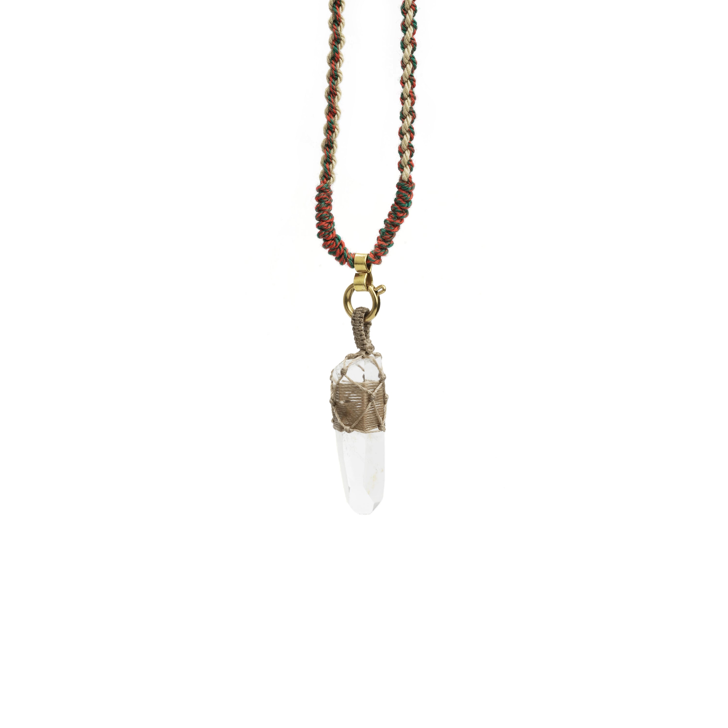 Quartz point wrap pendant on multicolor beaded cord with gold tone ring bail