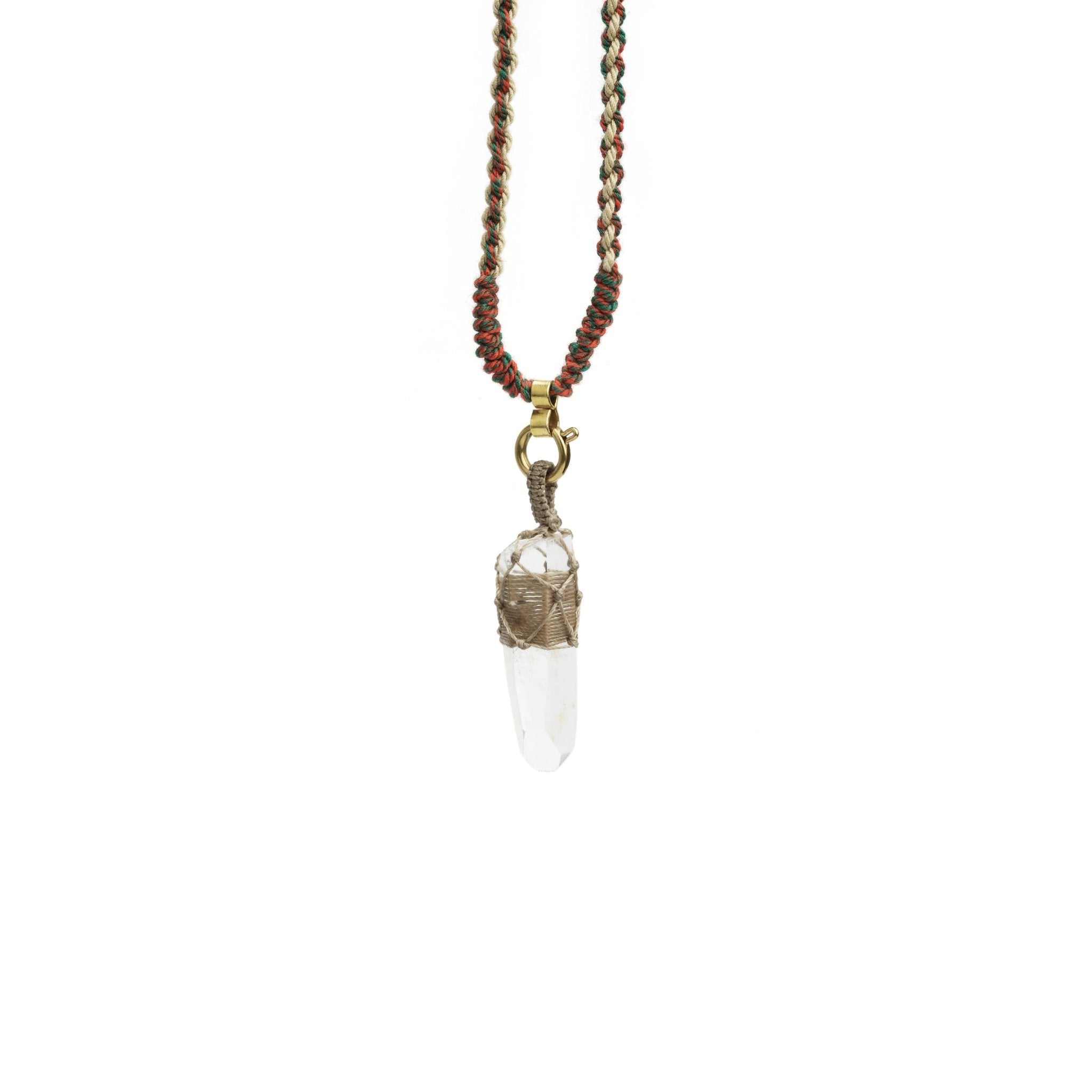 Faceted quartz point pendant in macramé wrap with gold loop on multicolor cord