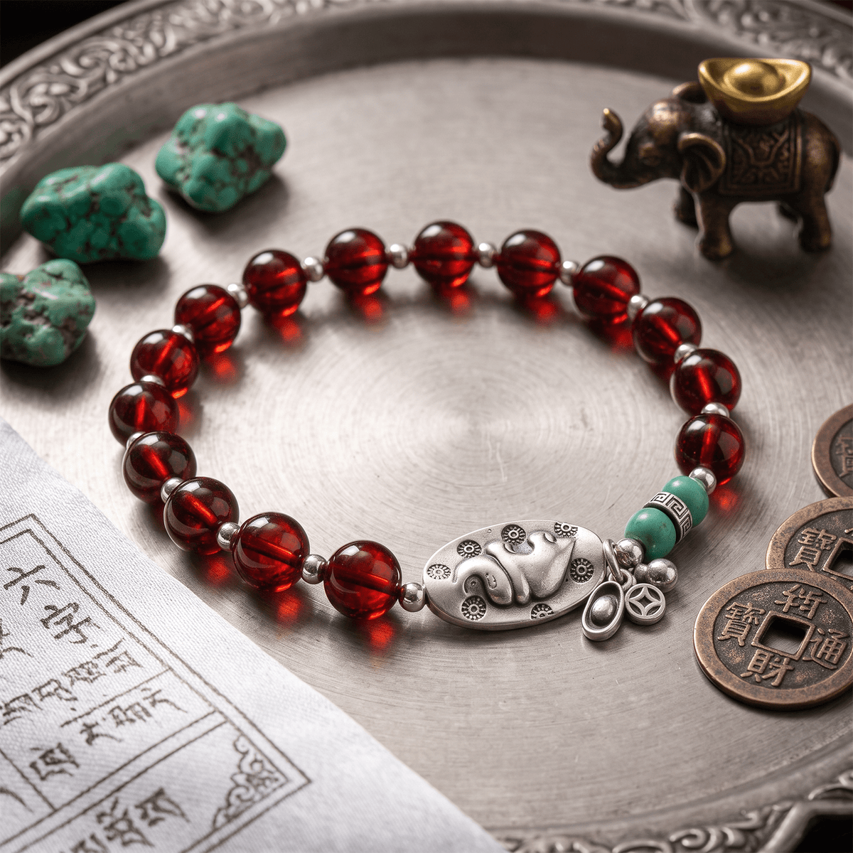 Red amber bead bracelet with large elephant centerpiece, turquoise beads, and silver charms