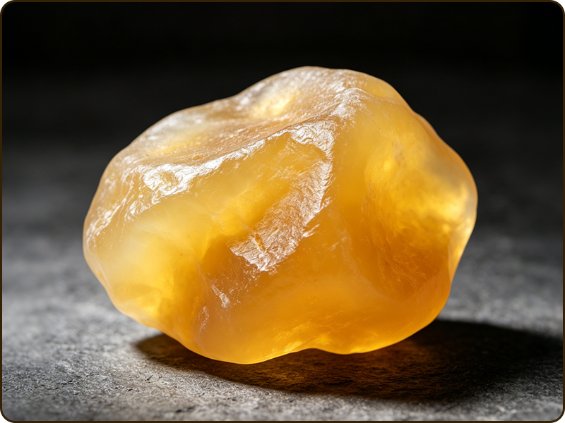 A glowing raw golden yellow crystal gemstone illuminated on a dark textured background