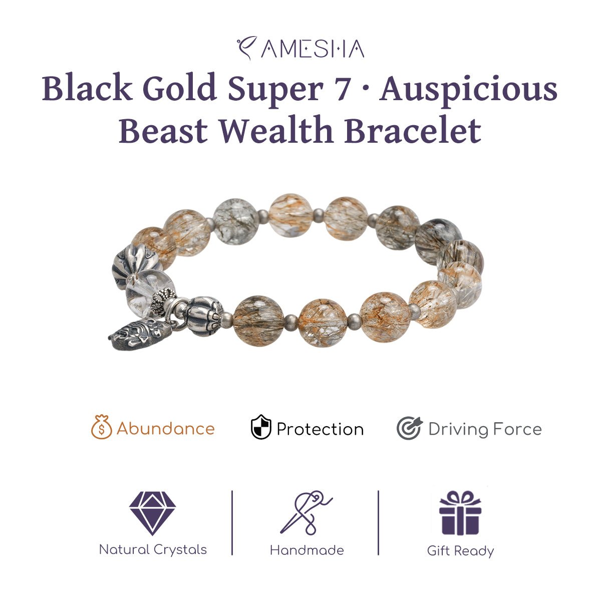 Beaded wealth bracelet with silver-tone charms and natural-crystal feature icons