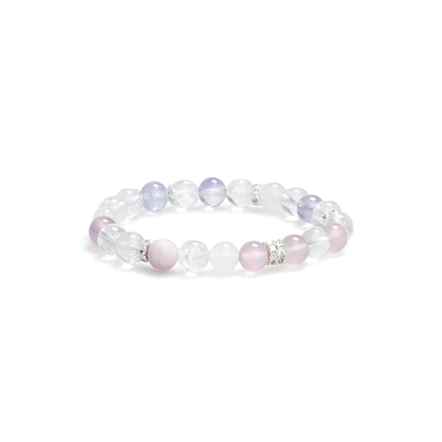 Crystal bead bracelet laid flat with clear, lavender and light pink round beads