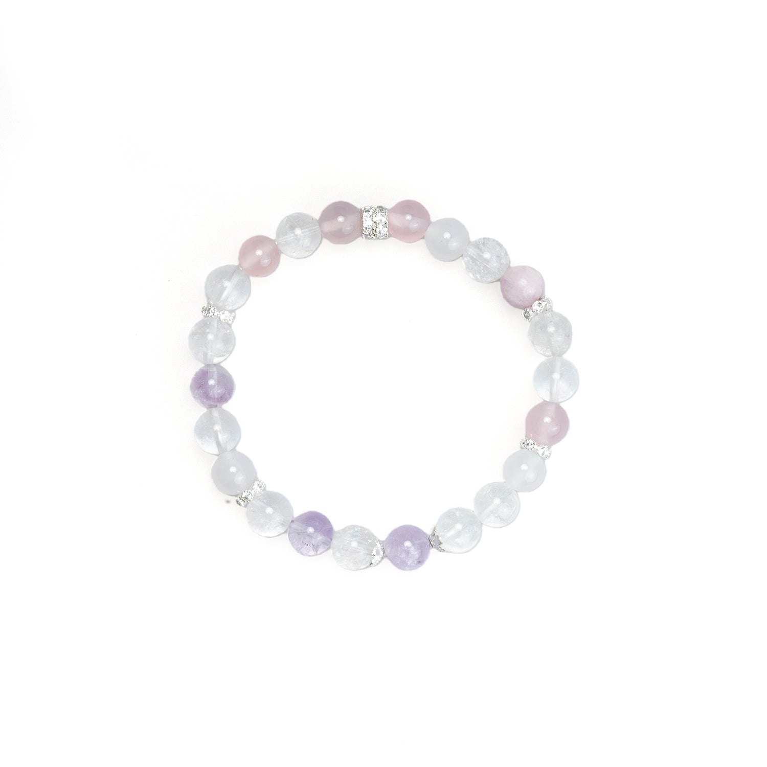 Crystal bead bracelet with translucent clear beads and pastel lavender and pink beads
