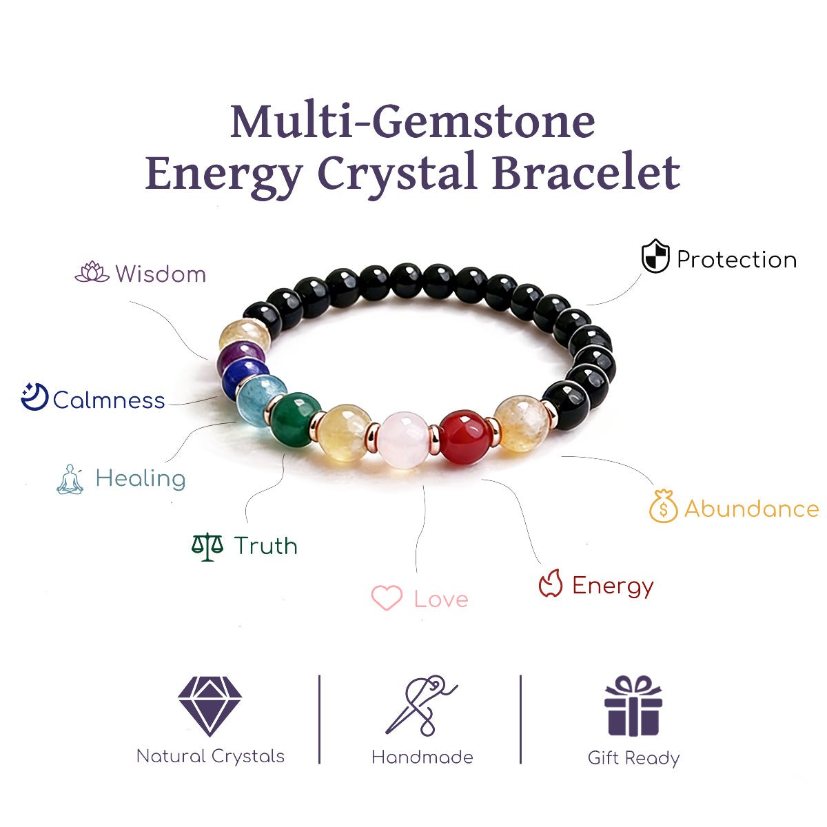 Multi-color gemstone bracelet with black beads and small gold-toned spacers