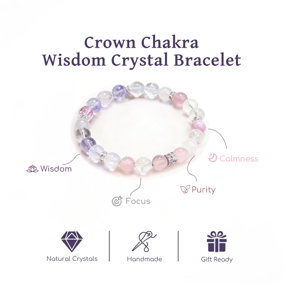 Crystal bead bracelet with clear, lavender and pink round stones and silver spacers