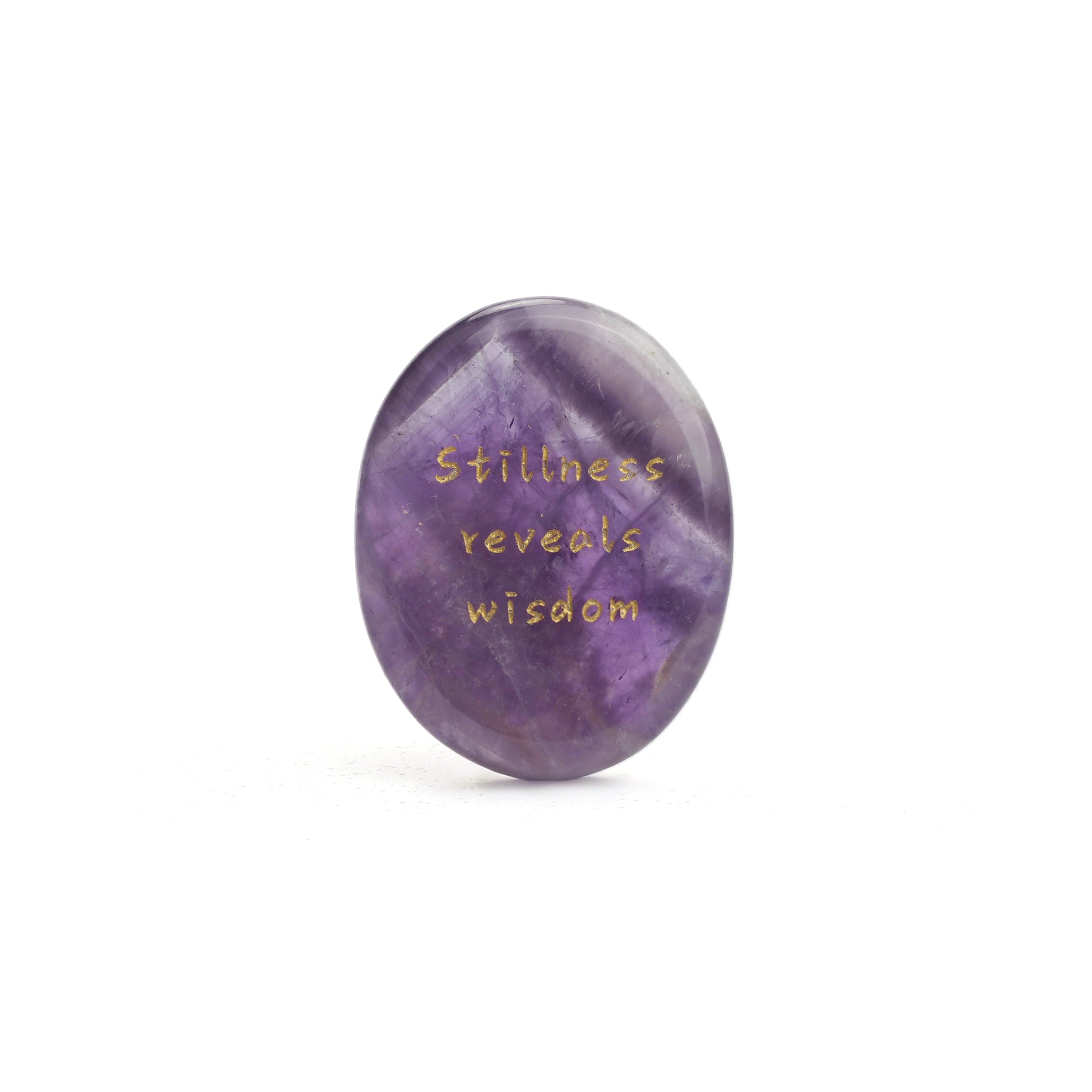 Amethyst insight stone, oval purple with âstillness reveals wisdomâ text