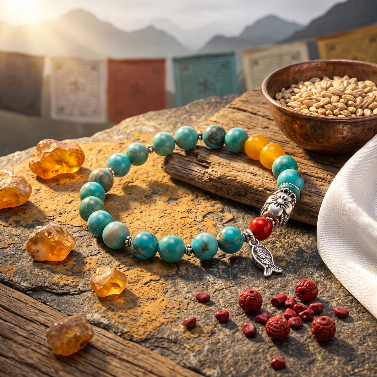 Turquoise beaded bracelet with orange bead accents and silver horse guardian charm