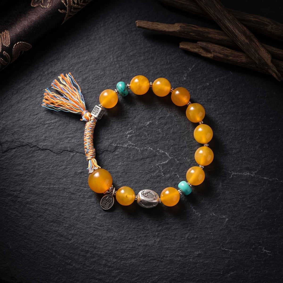 Tibetan Guardian · Amber, Turquoise & Silver Bracelet