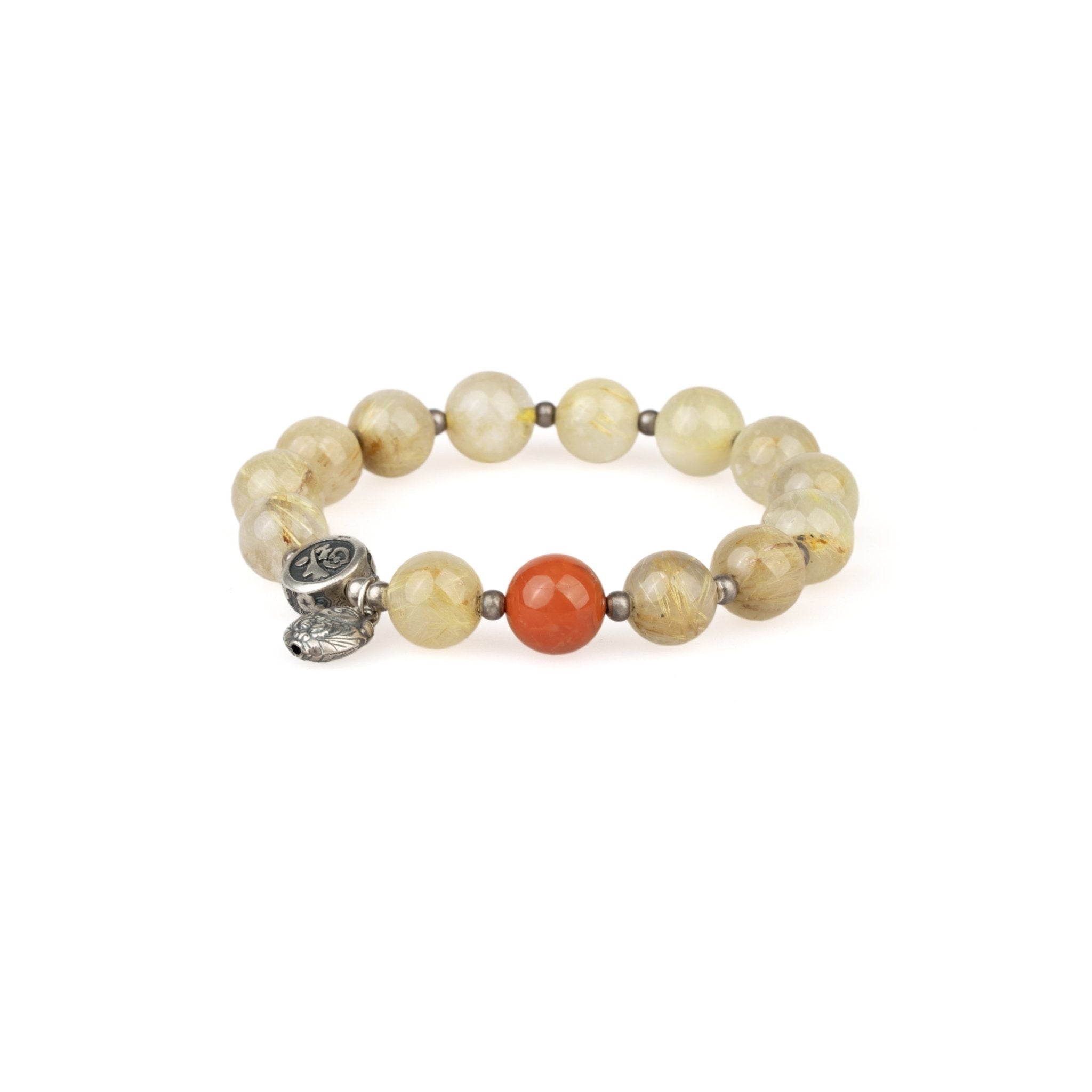 Golden rutilated quartz beaded bracelet with red center bead and silver charm accents