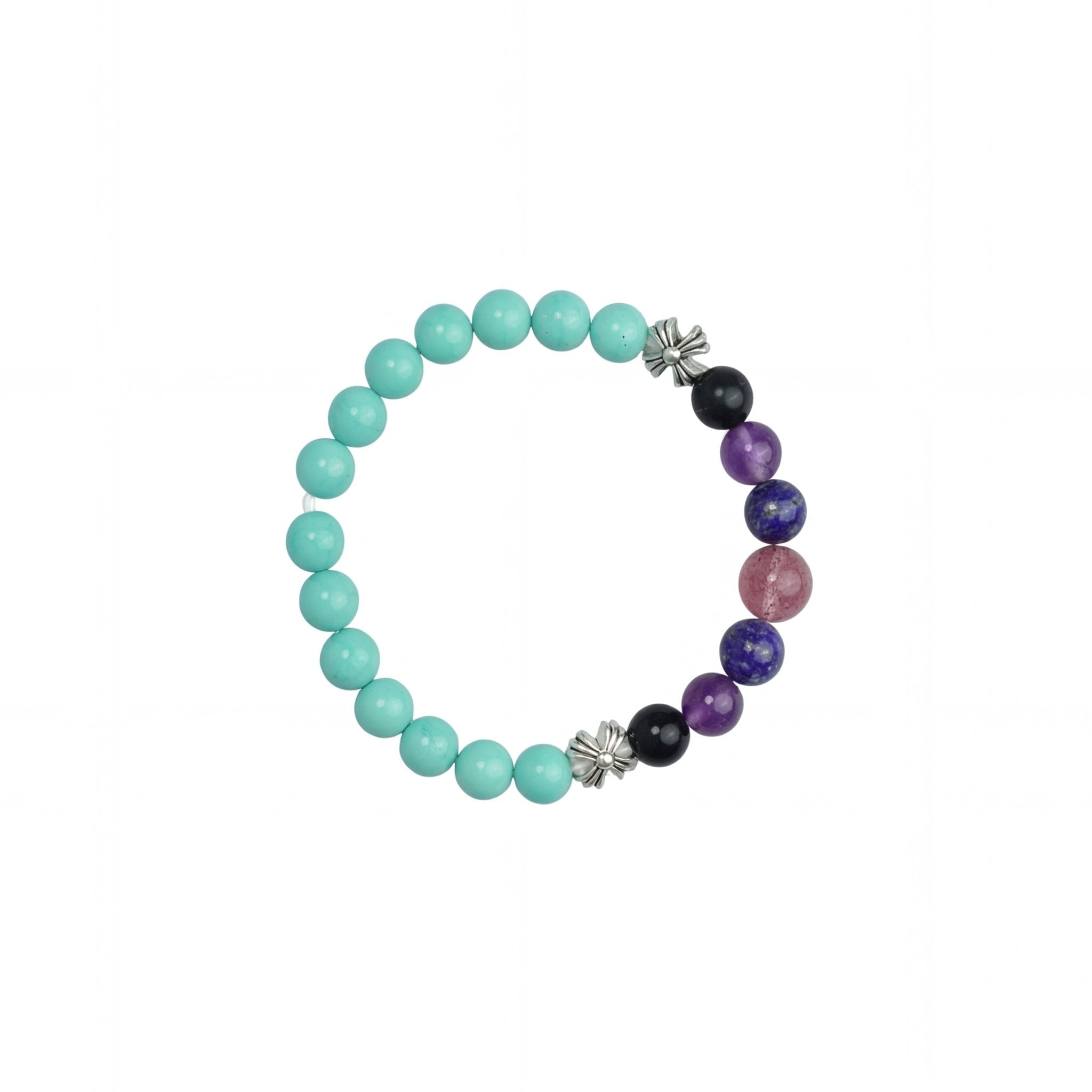 Crystal beaded bracelet with teal beads, purple and black accent beads, and silver spacers