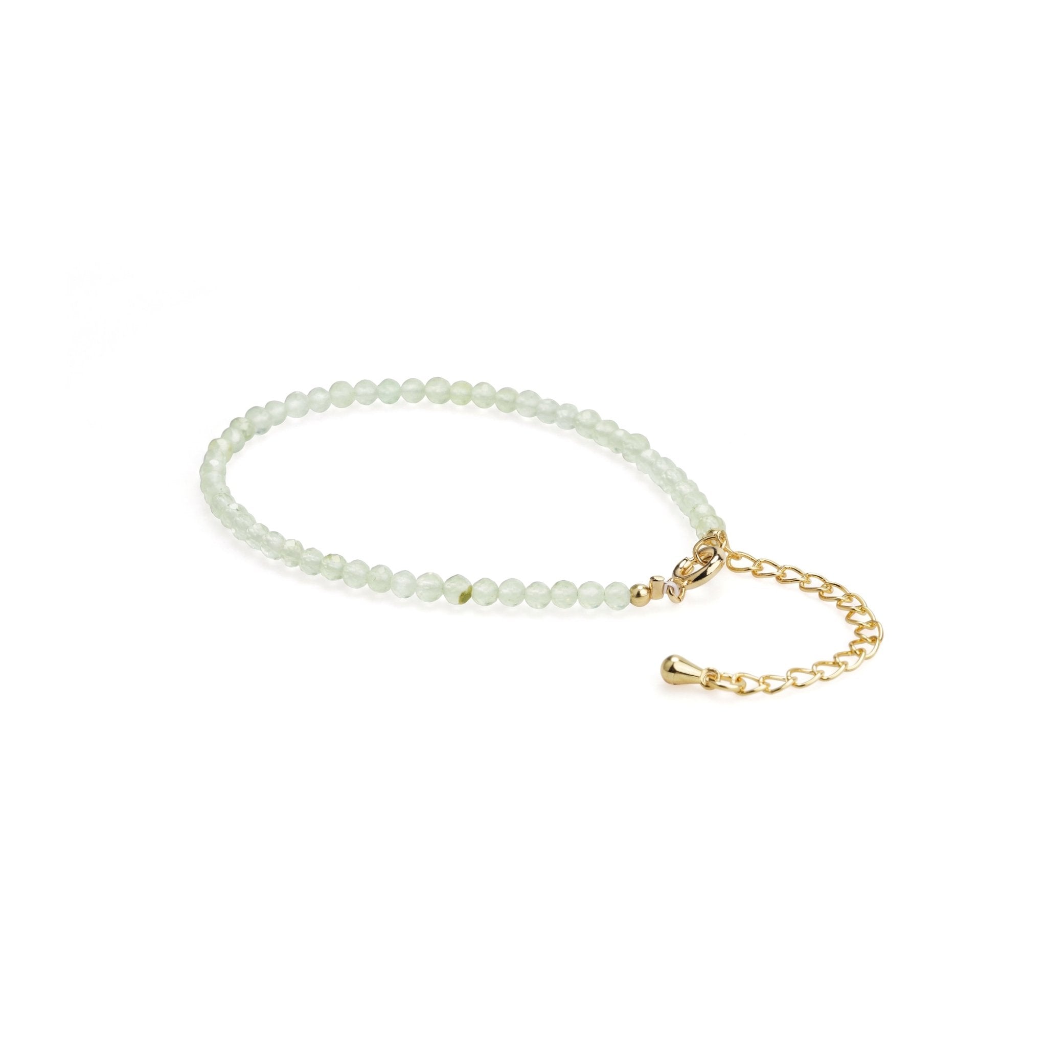 Aqua bead luck crystal bracelet with gold chain extender and small dangling charm