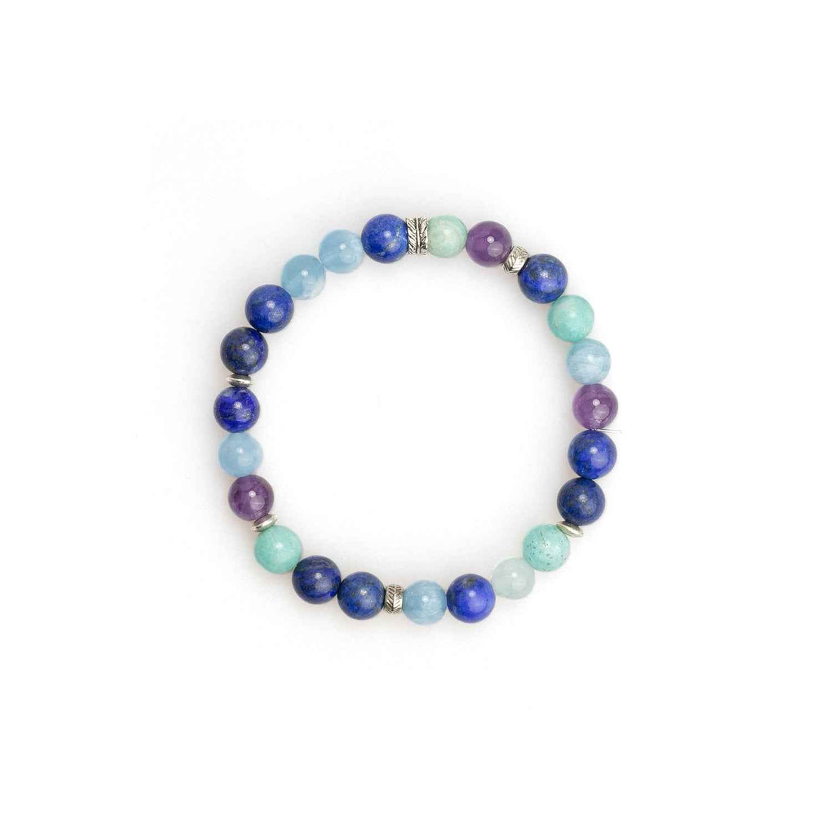 Round crystal beaded bracelet with dark blue, light blue, purple, and teal beads