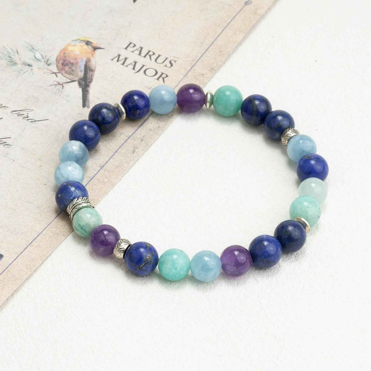 Multicolor chakra crystal bead bracelet with round blue, light blue, purple and green stones