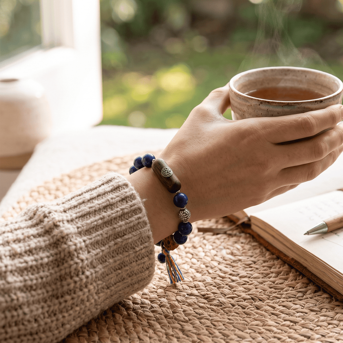 Hand wearing Tibetan lapis lazuli bracelet with blue beads and carved wooden charm