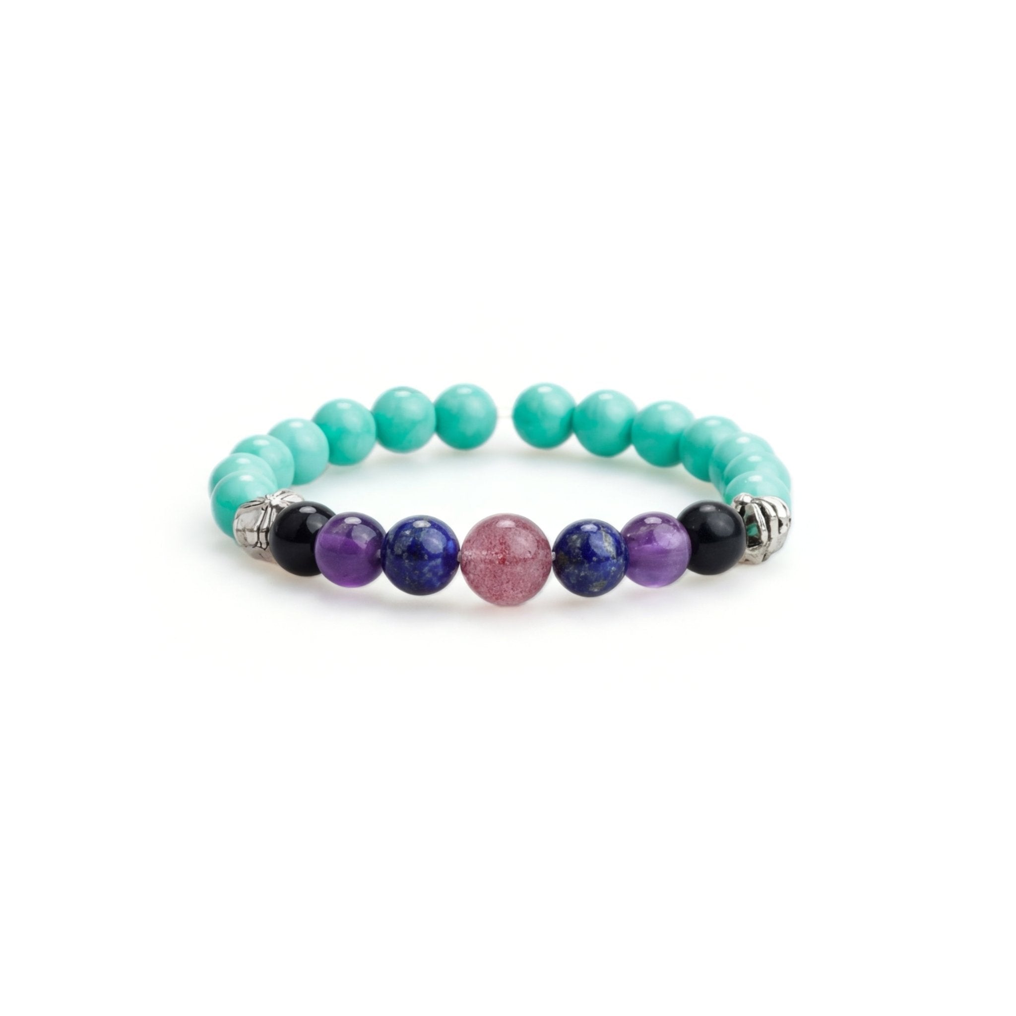 Crystal beaded bracelet with teal, purple, pink, and black beads and silver spacers