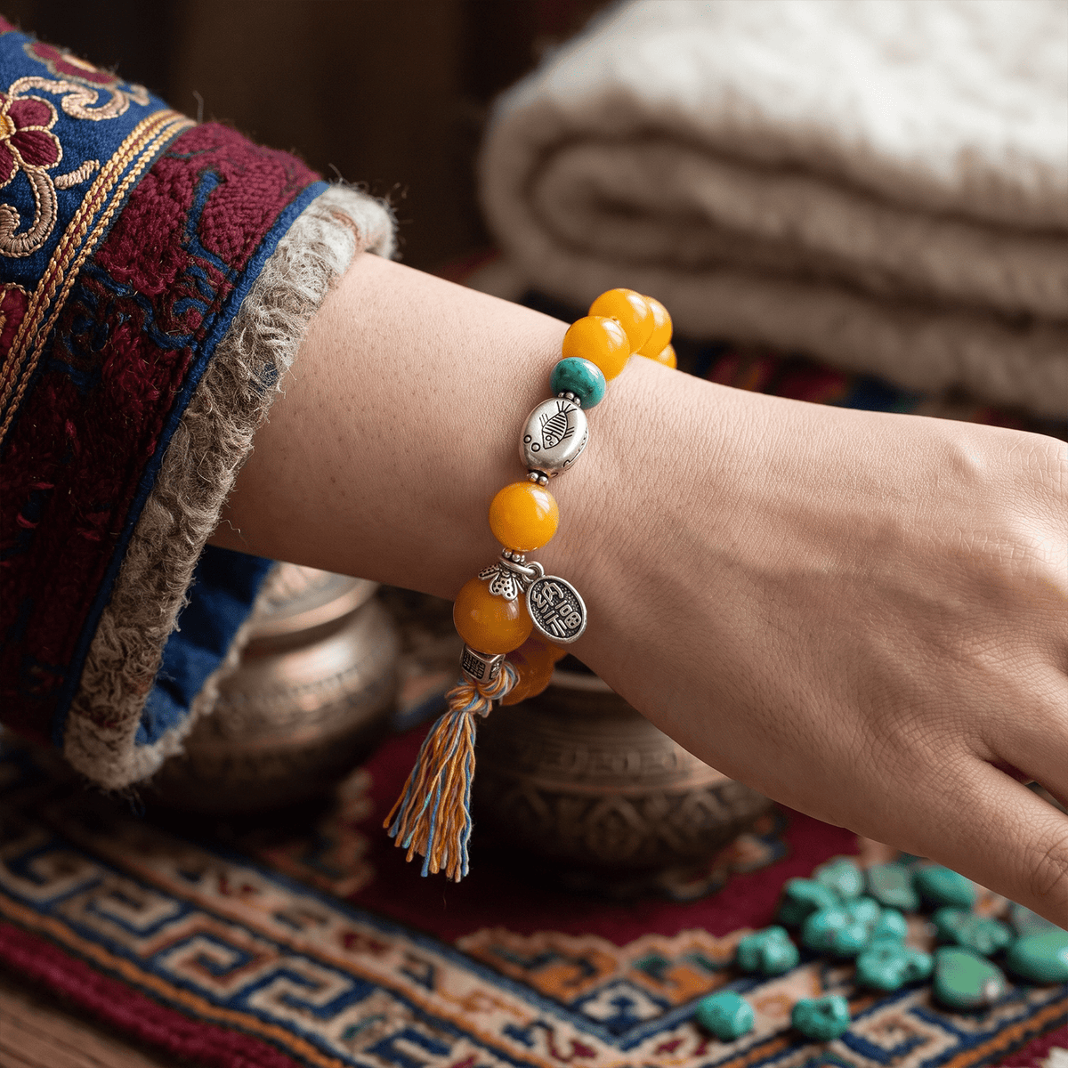 Bracelet on wrist with amber beads, turquoise spacer, and small silver charms plus tassel
