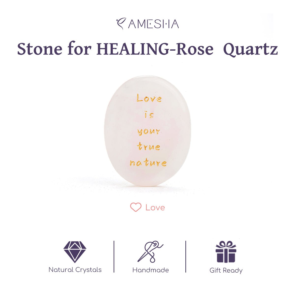 Rose quartz oval stone with gold message and gift card showing icons