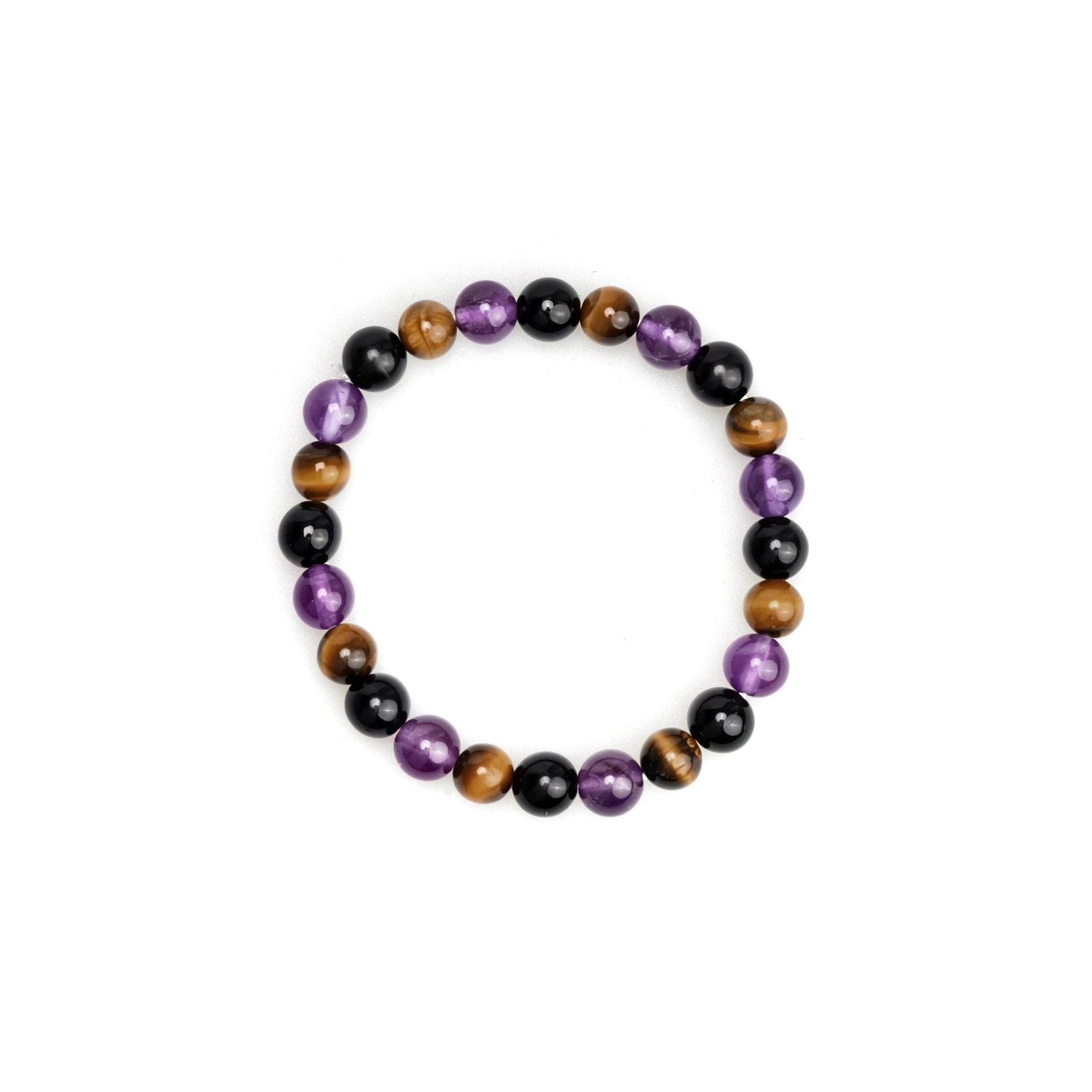 Crystal bead bracelet in a circle view with black, purple, and brown beads