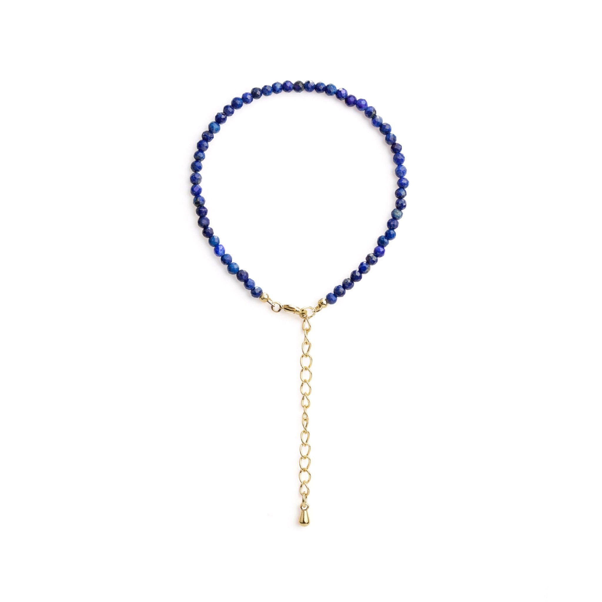 Lapis lazuli beaded bracelet with gold-tone chain drop and lobster clasp
