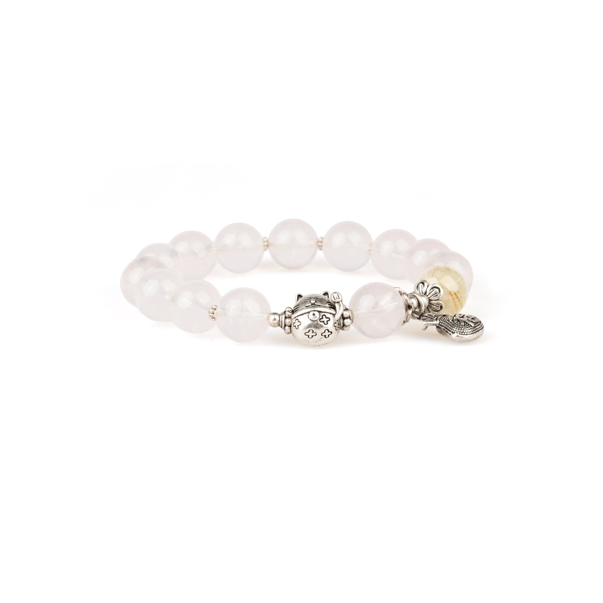 Rose quartz bead bracelet with silver-tone charms and round faceted beads