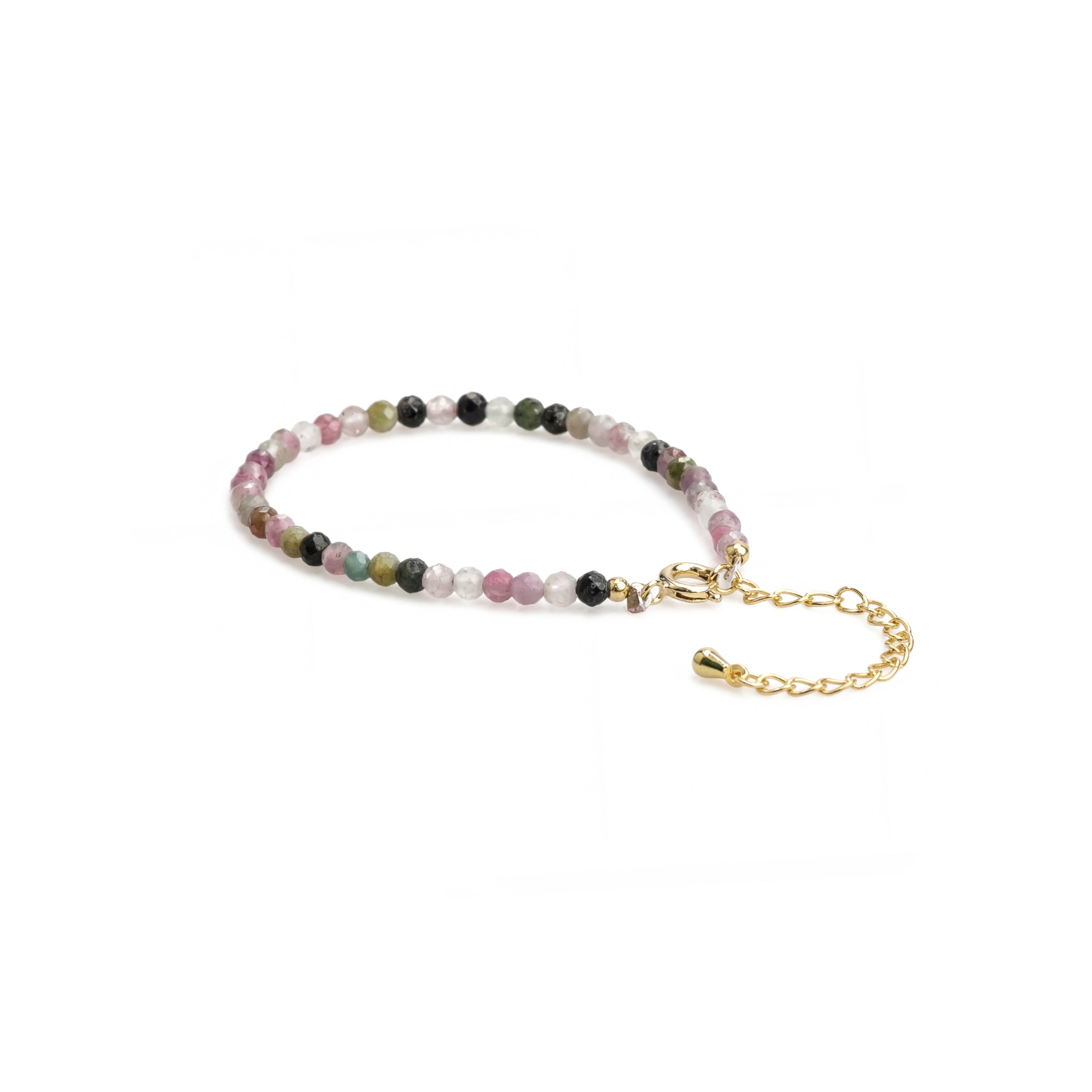 Multicolor gemstone beaded bracelet with gold toggle clasp and chain tassel