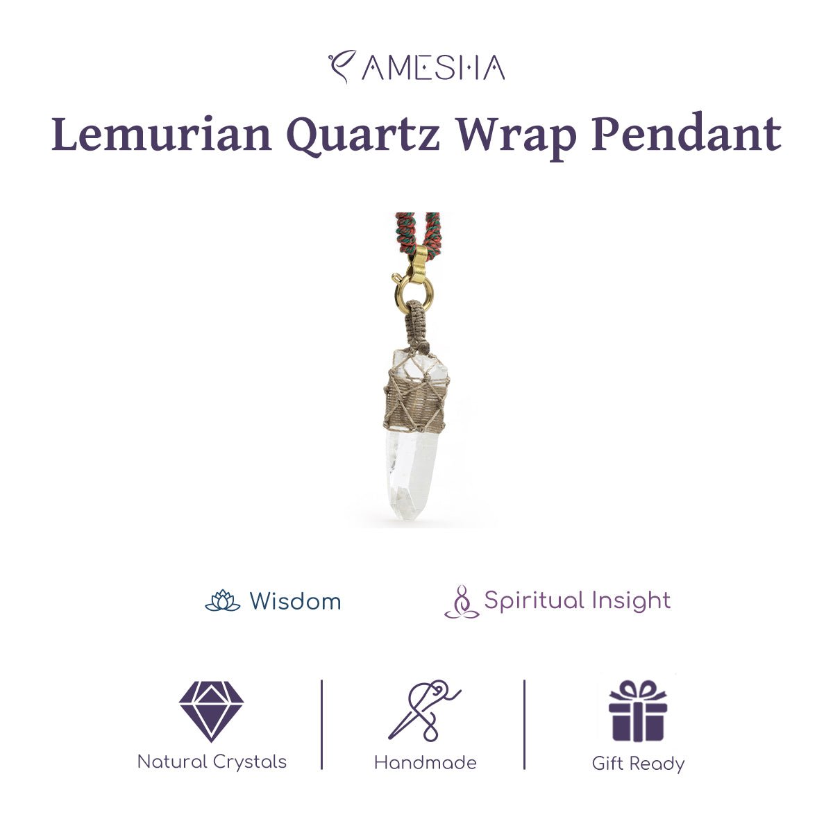 Quartz point pendant with macramé cage and gold ring on braided cord