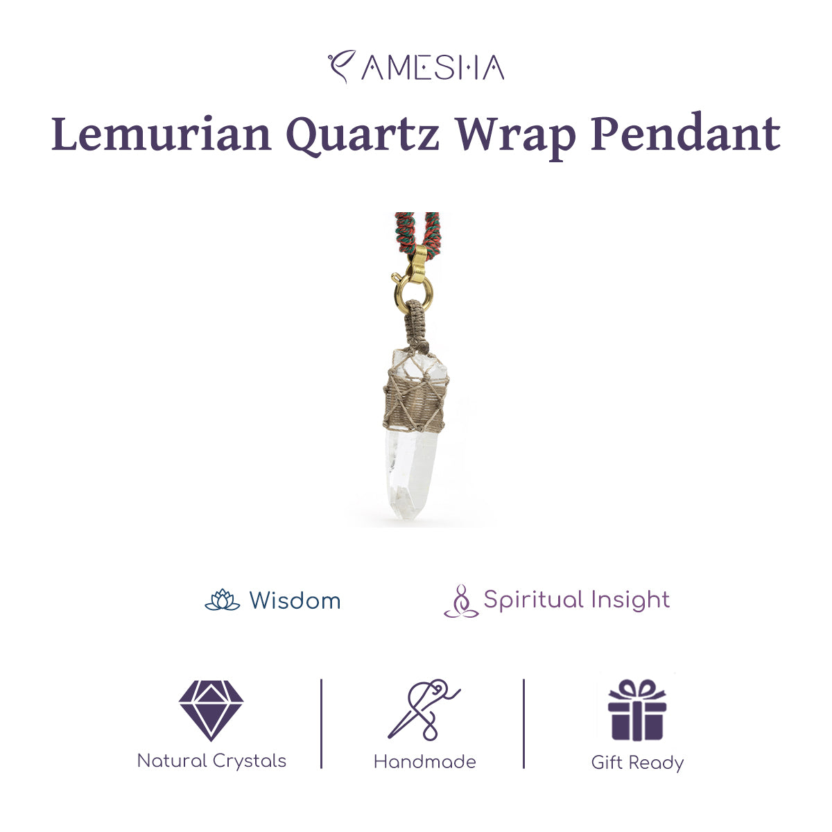Lemurian quartz wrap pendant with faceted crystal point in gold tone cage and bail