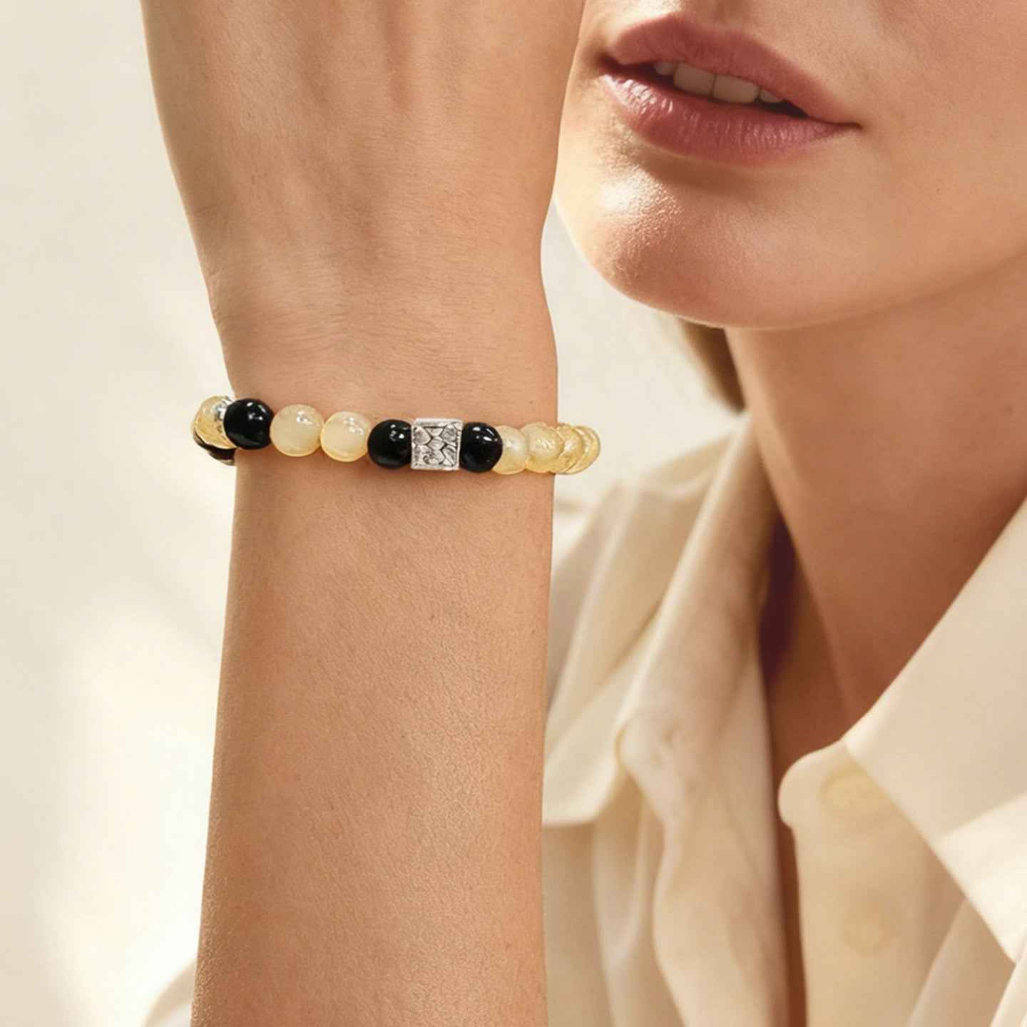 Amesha Energy Solar Plexus Chakra Power Crystal Bracelet - Woman wearing natural yellow gemstones for personal power