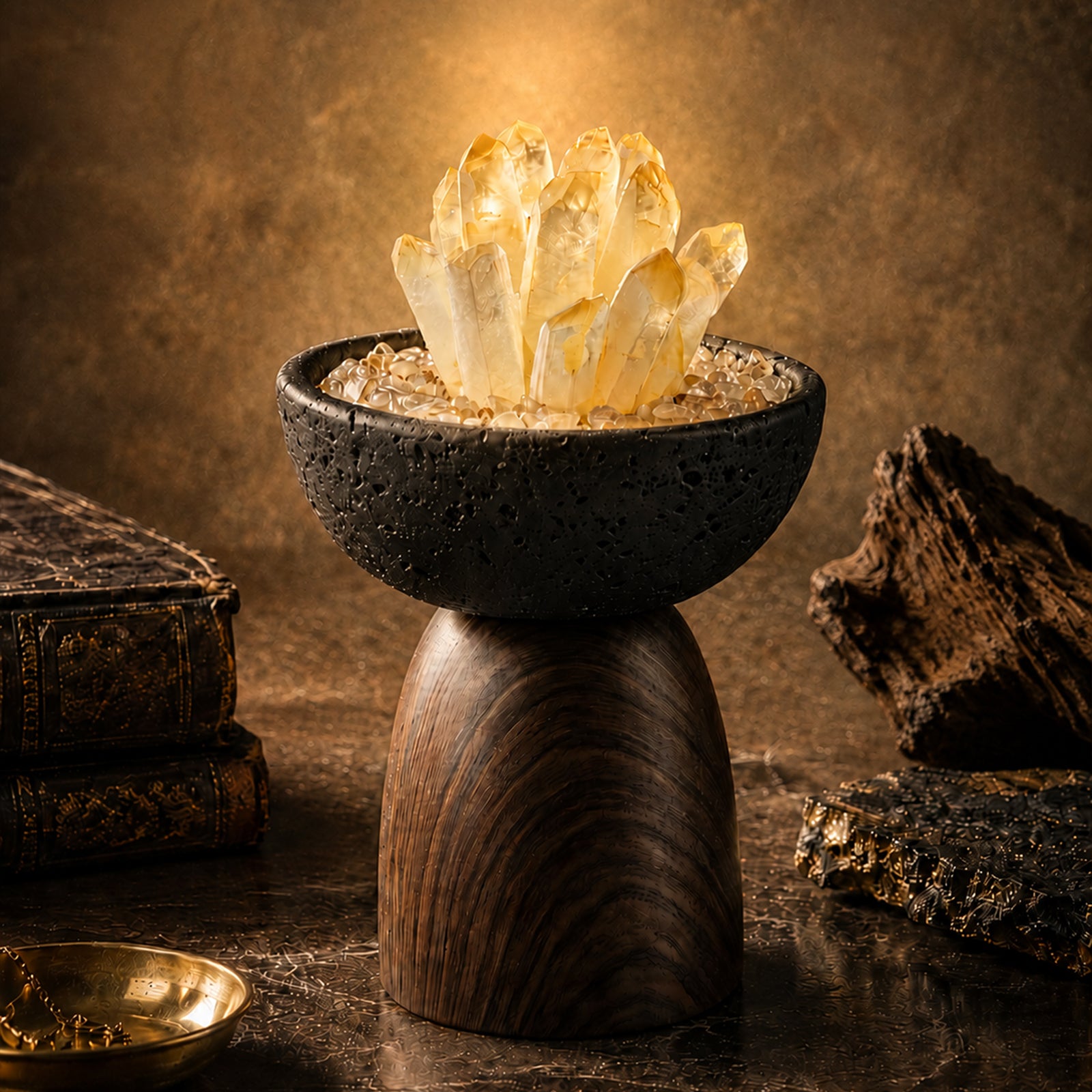 Crystal-topped aroma pot: black stone bowl on dark wooden pedestal, yellow cluster
