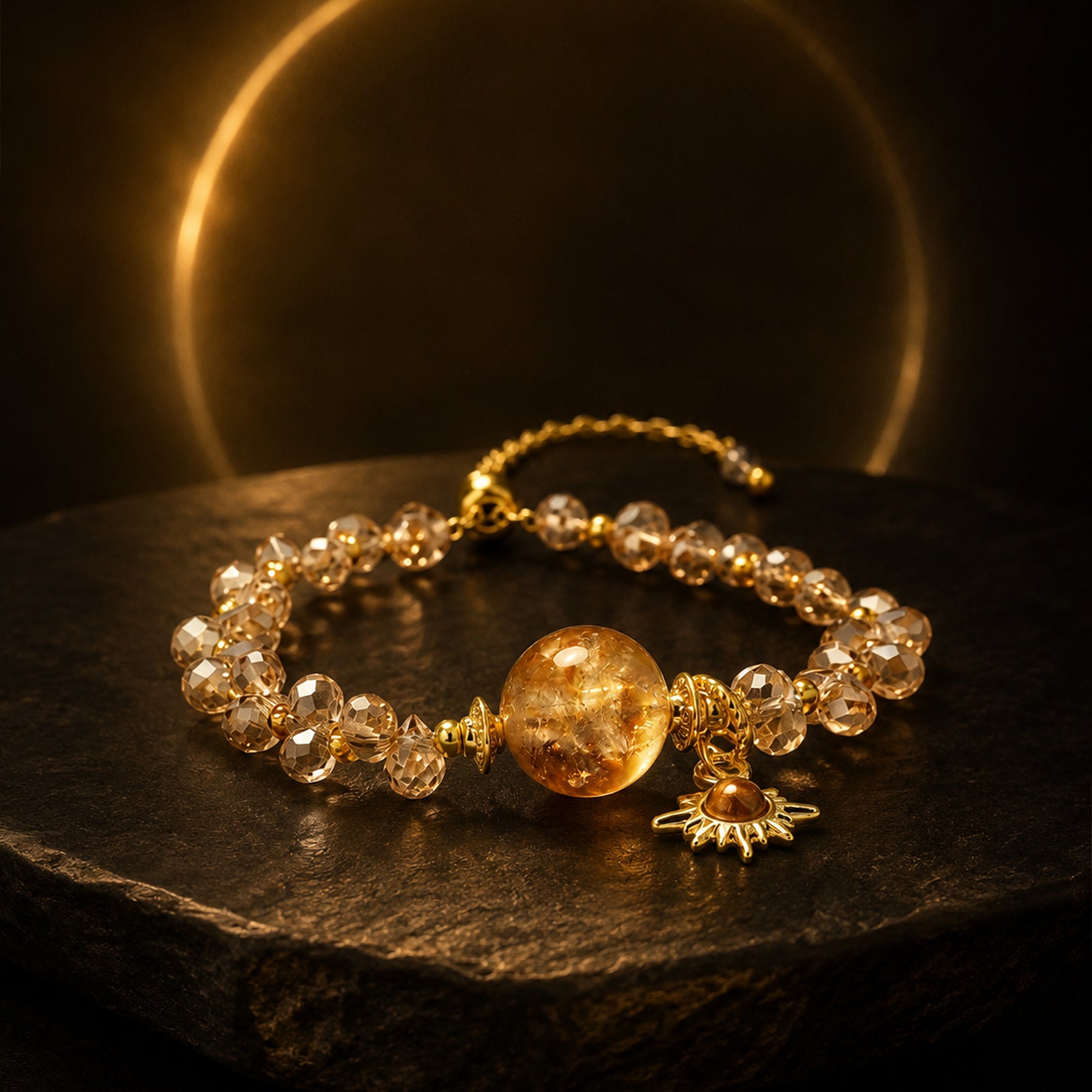 Gold-tone crystal bead bracelet with round amber pendant and sun charm