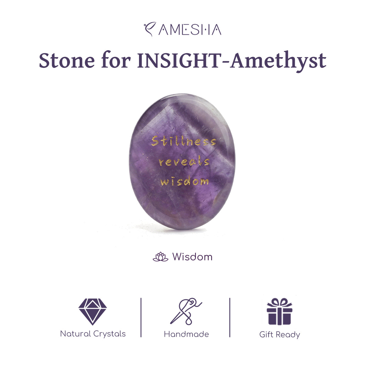 Amethyst insight stone, oval purple with engraved âstillness reveals wisdomâ