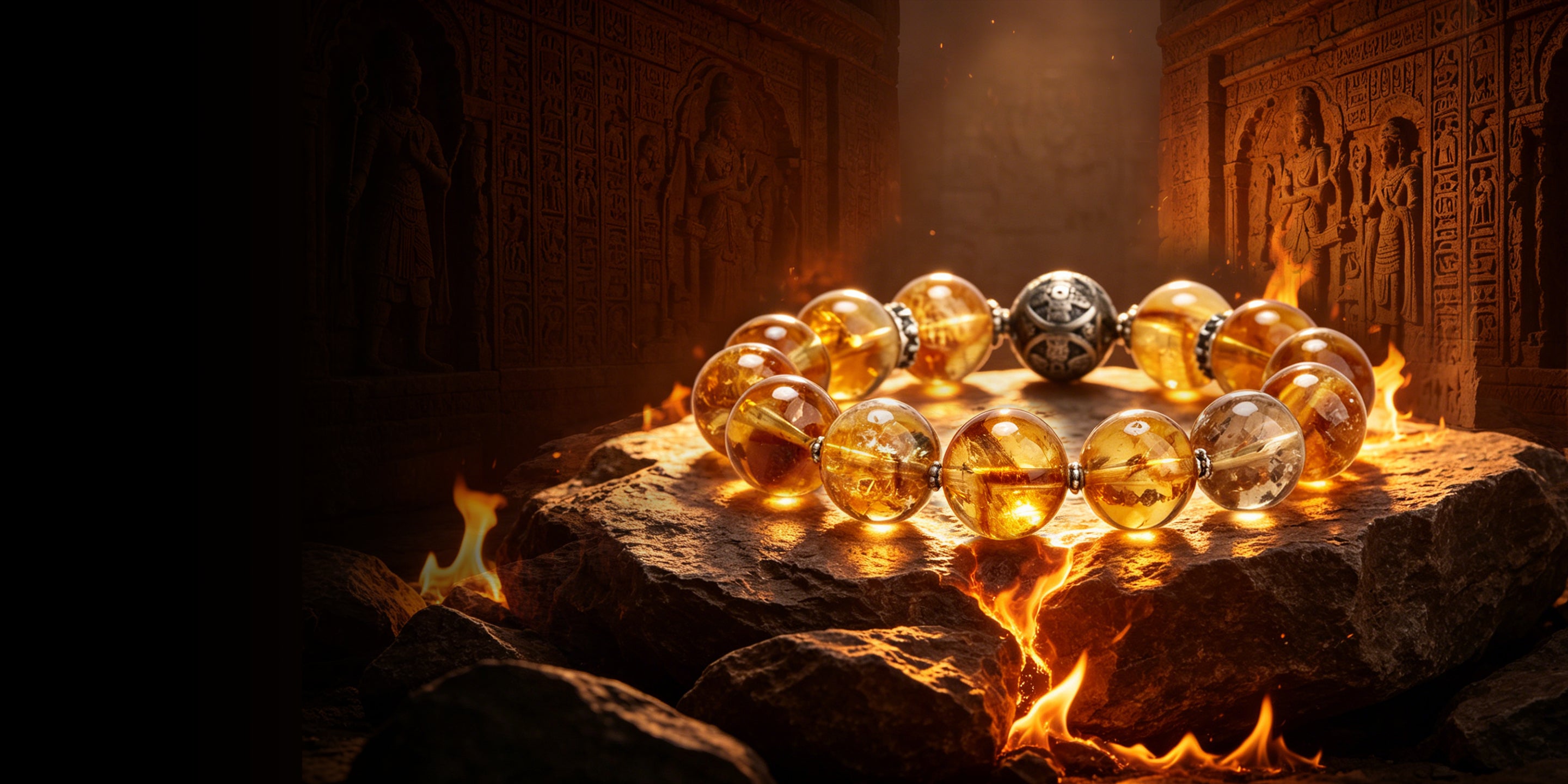Golden crystal bracelets resting on a weathered stone surface, surrounded by glowing flames, with an ancient Egyptian-style carved relief in the background.