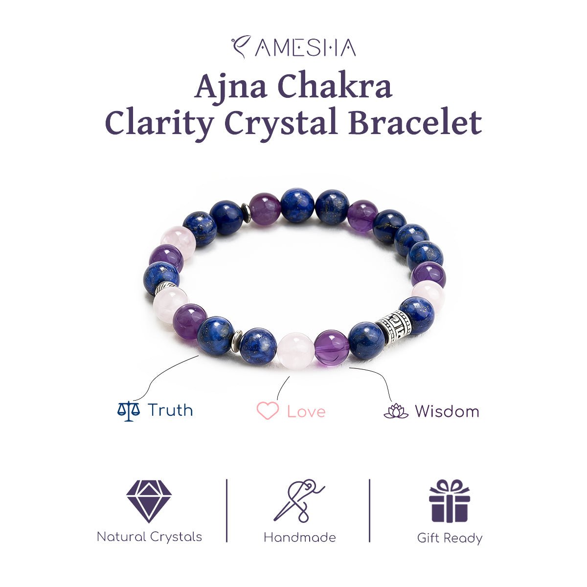 Crystal bead bracelet with blue and purple stones plus pale pink beads and round metal charm