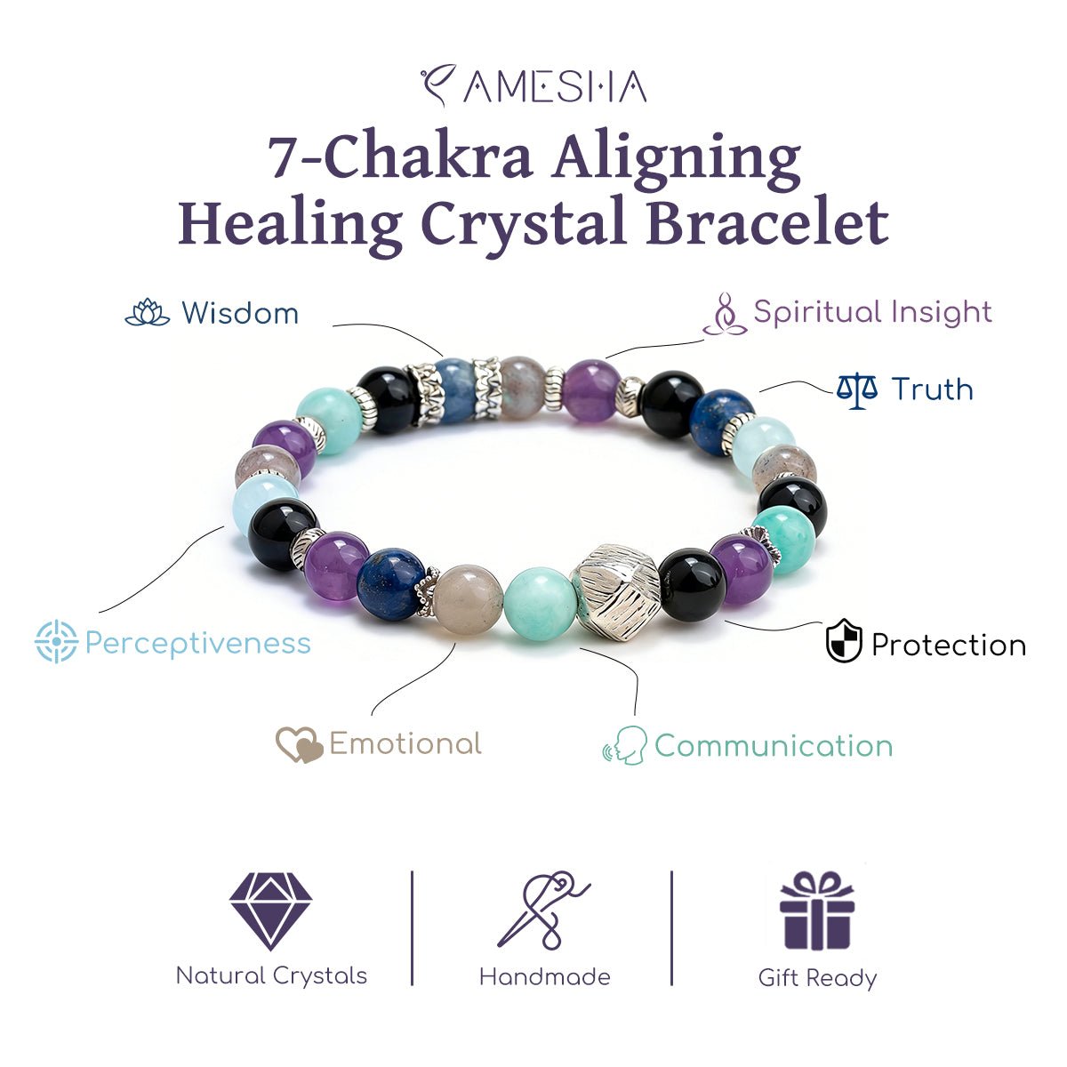 Crystal beaded bracelet with black, purple, turquoise beads and a silver centerpiece