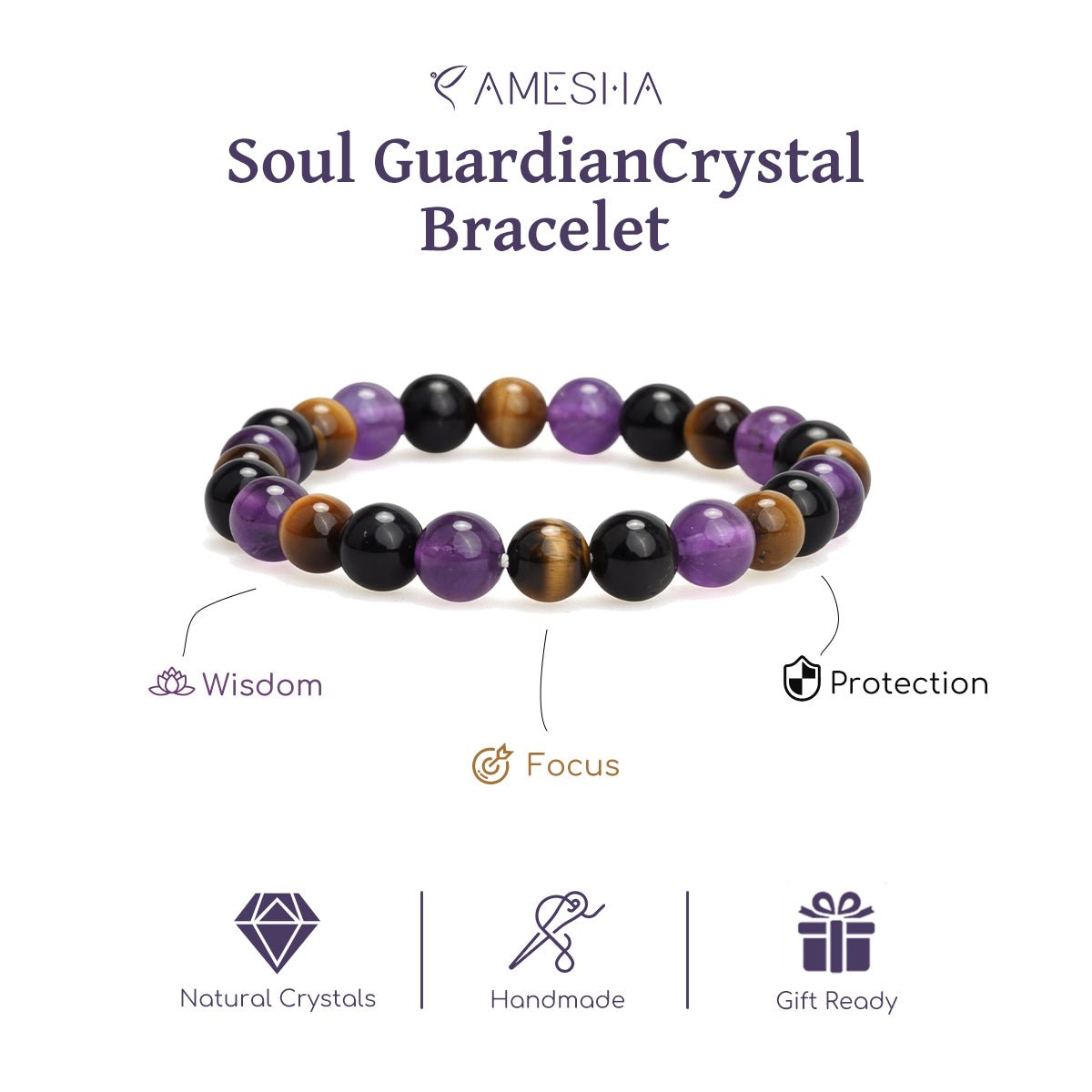 Crystal bead bracelet featuring black, purple, and brown round gemstone beads